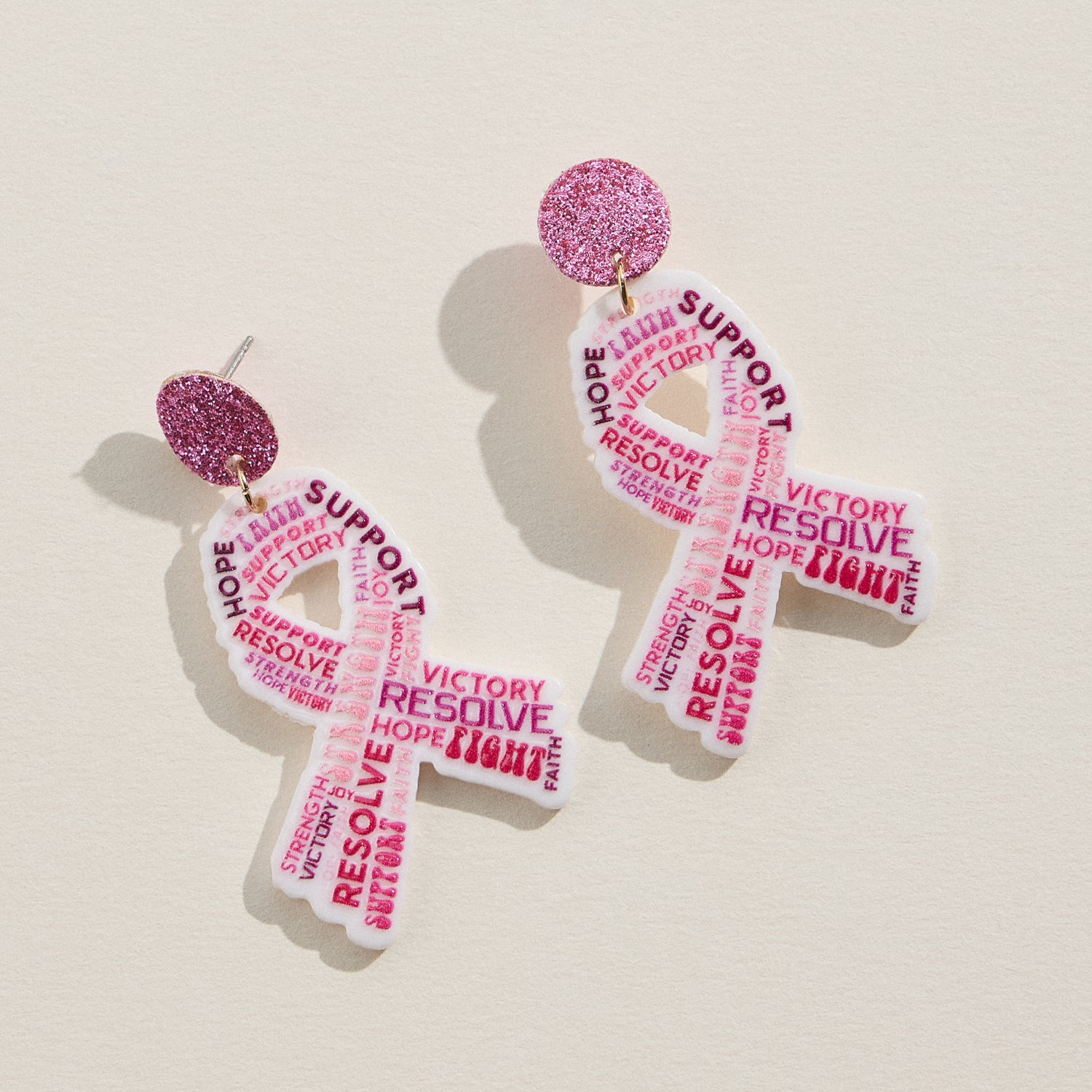 Acrylic Statement Earrings with Pink Ribbon