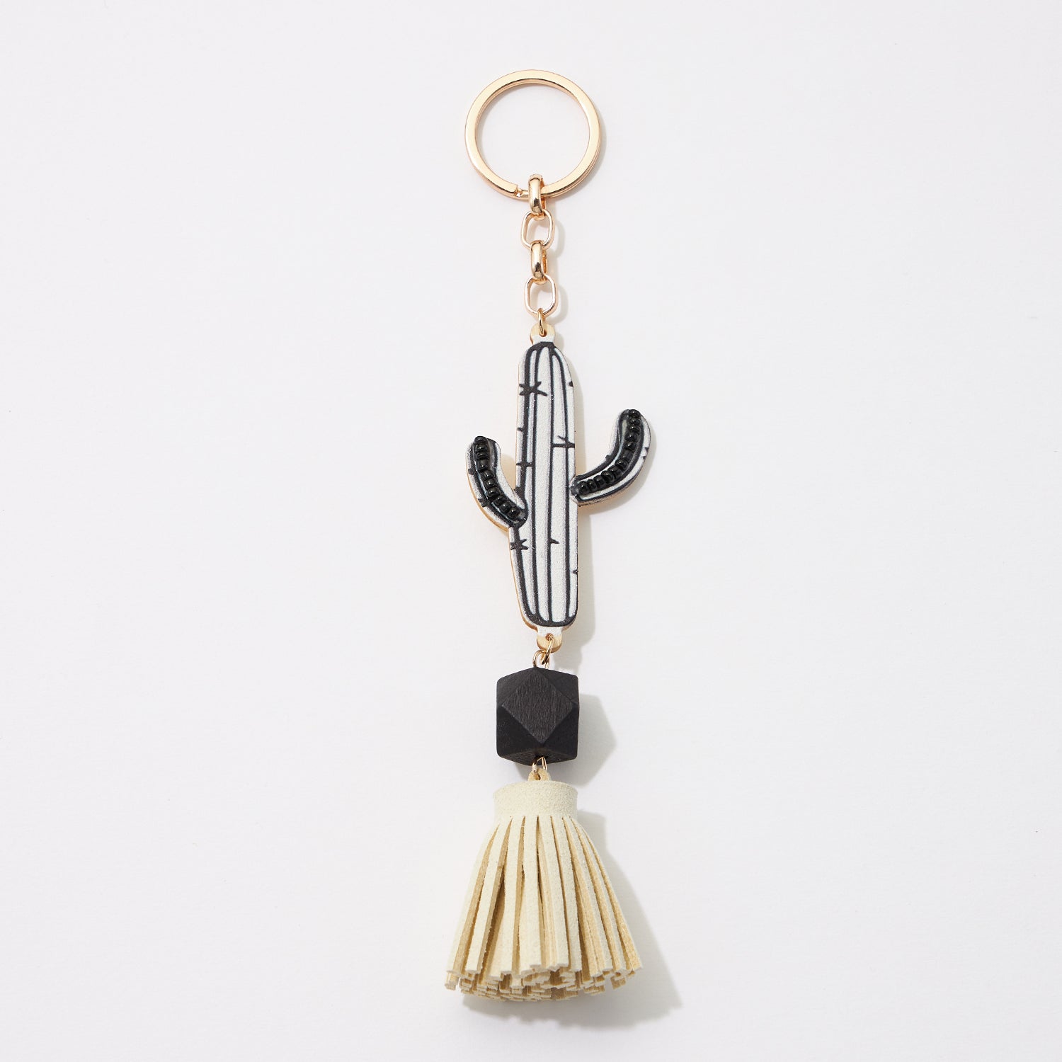 Cactus Print on Wood with Suede Tassel Keychains