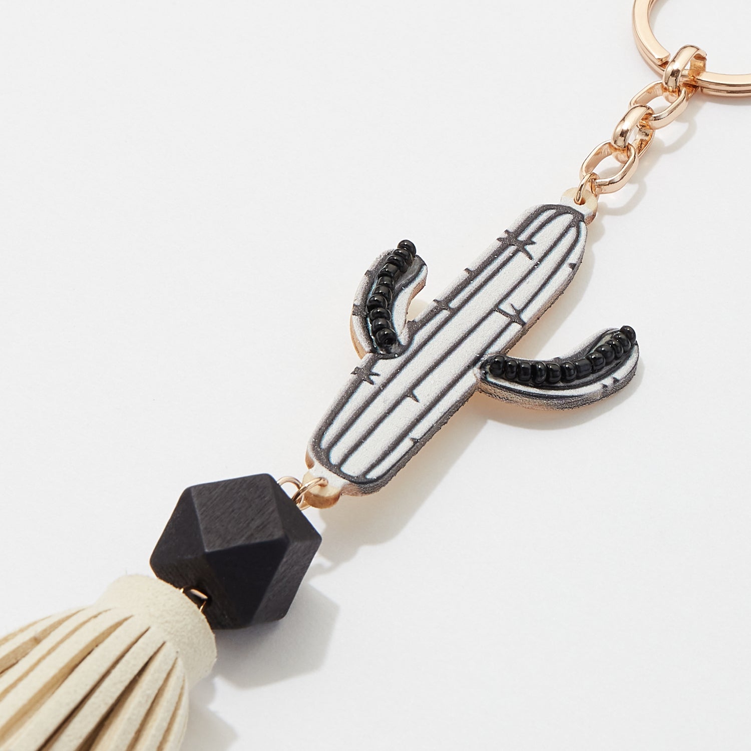 Cactus Print on Wood with Suede Tassel Keychains