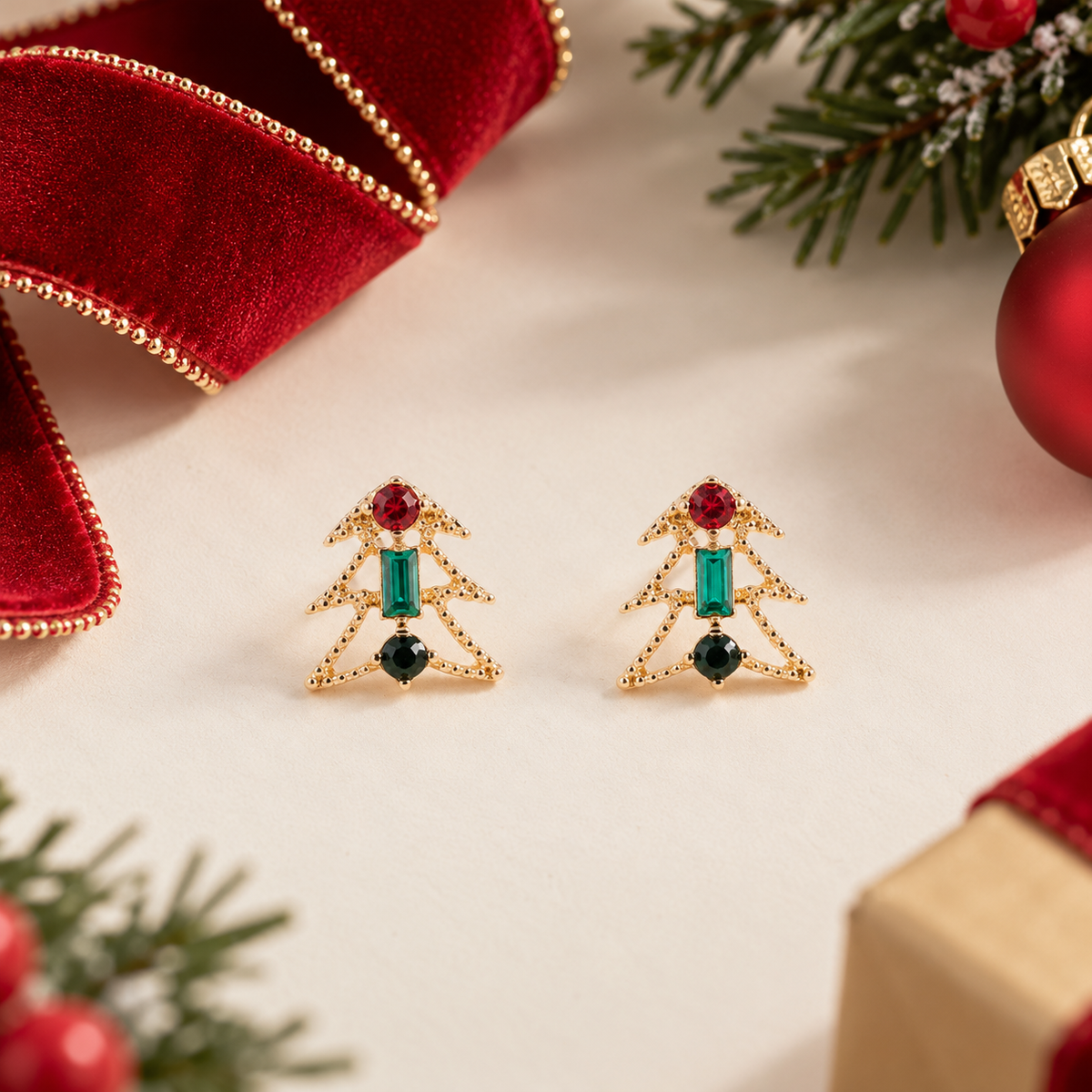 Metal Christmas Tree Colored Rhinestone Earrings