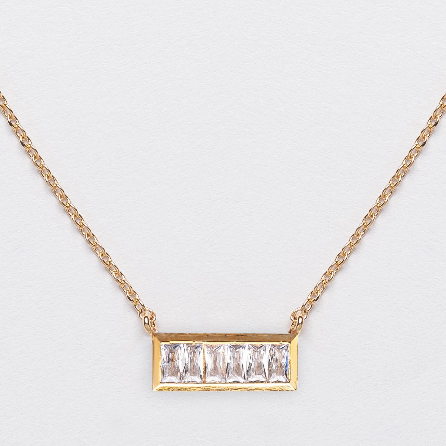Gold Bar Pendant Necklace with Baguette Crystals