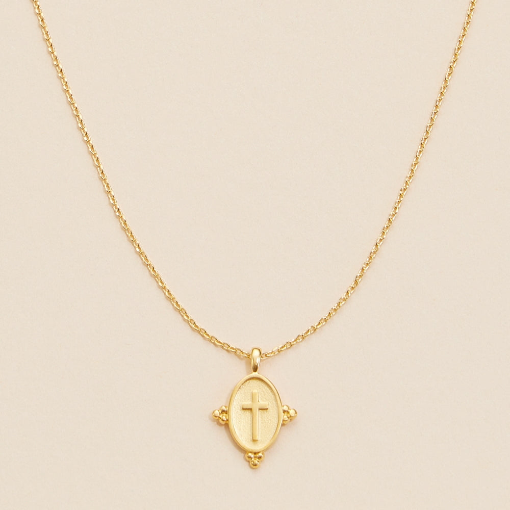 Oval Coin Necklace with Cross Charm