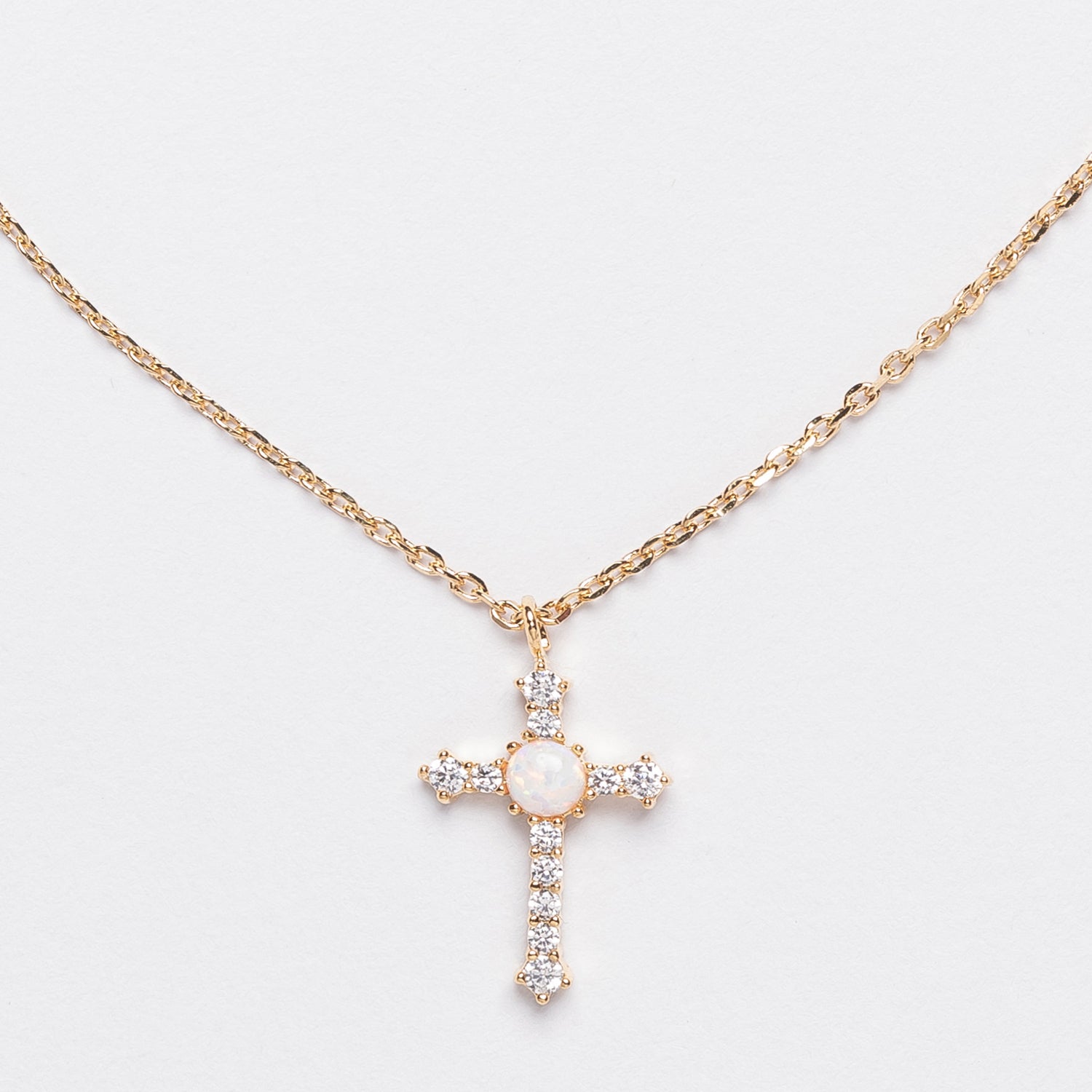 Gold Cross Necklace with Opal and Crystals
