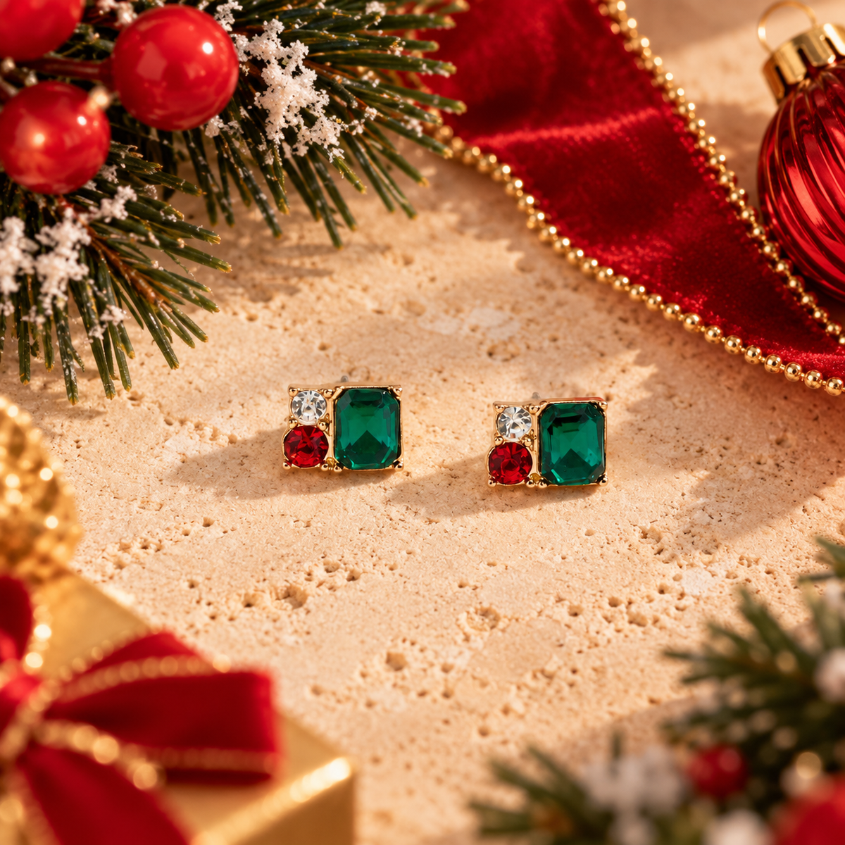 Square Shaped Christmas Rhinestone Earrings