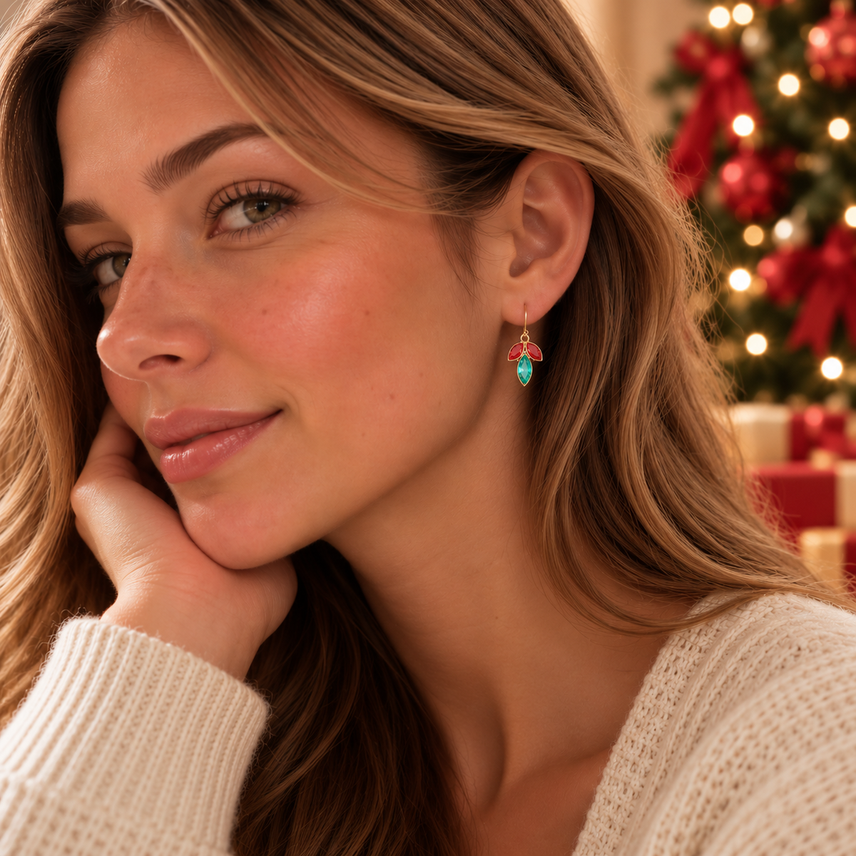 Christmas Leaf Rhinestone Hook Earrings