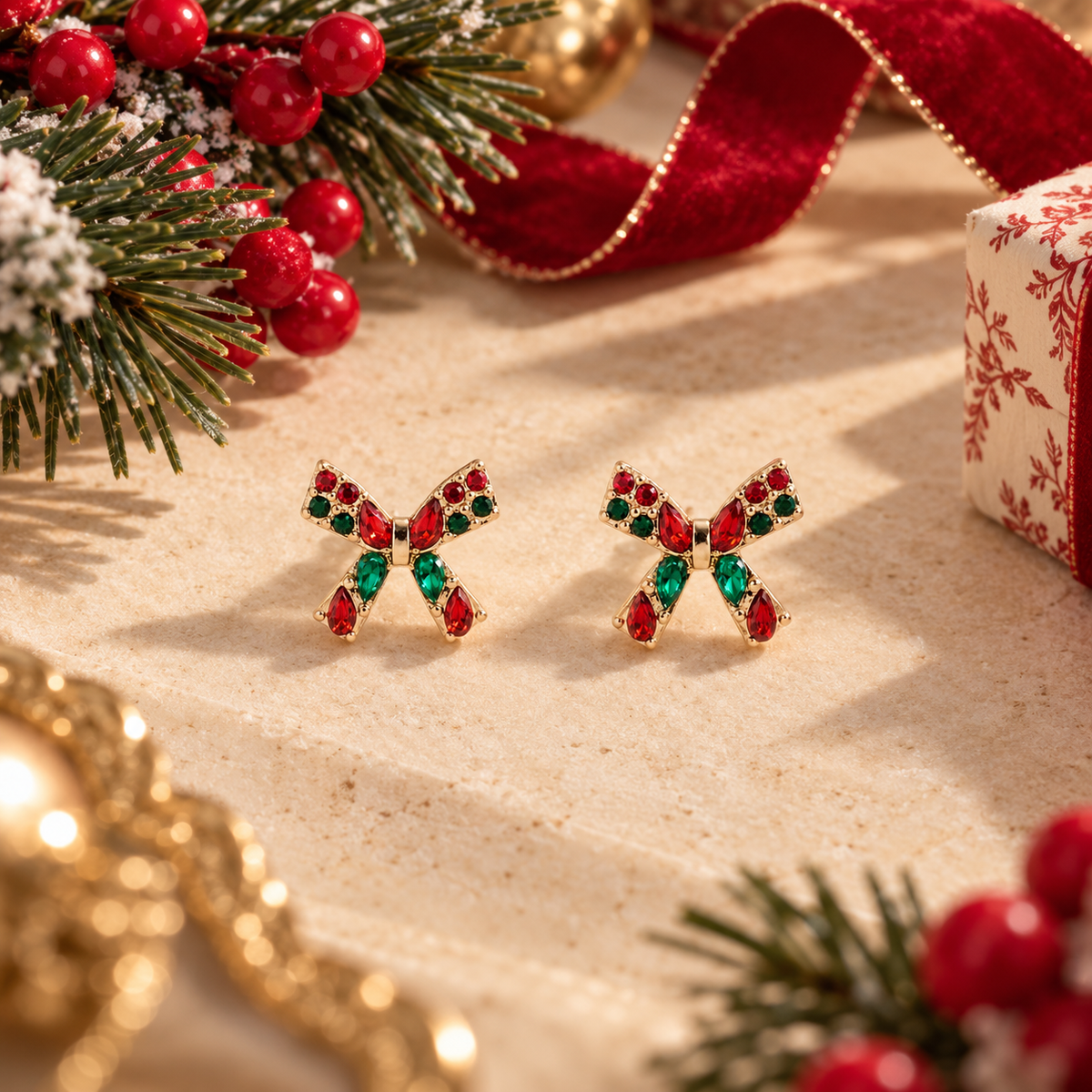 Christmas Bow Ribbon Rhinestone Earrings