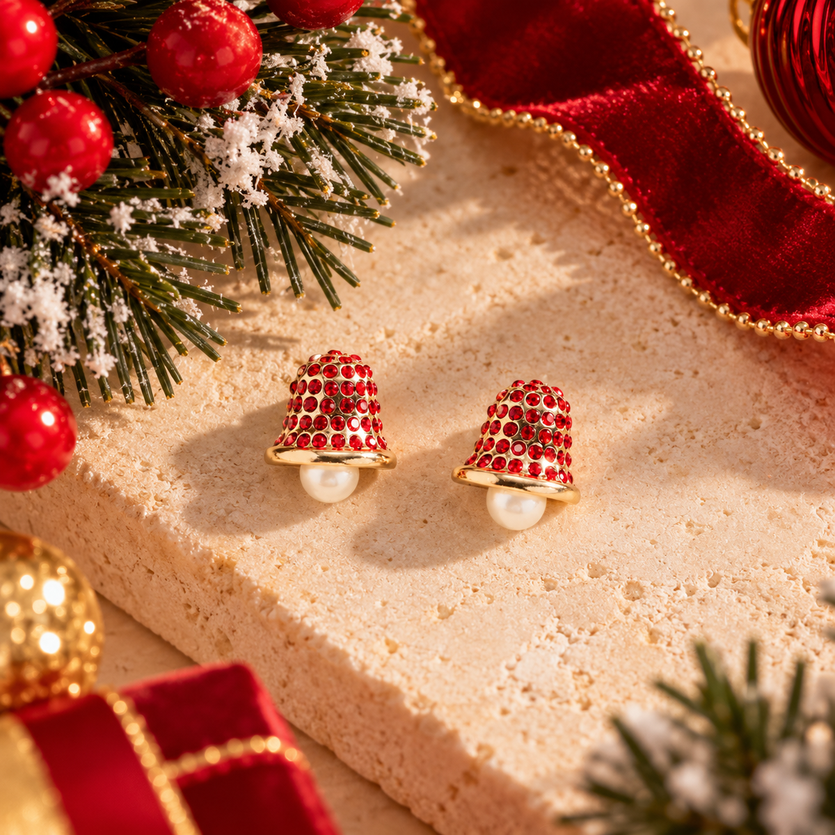 Christmas Bell Rhinestone Pearl Post Earrings