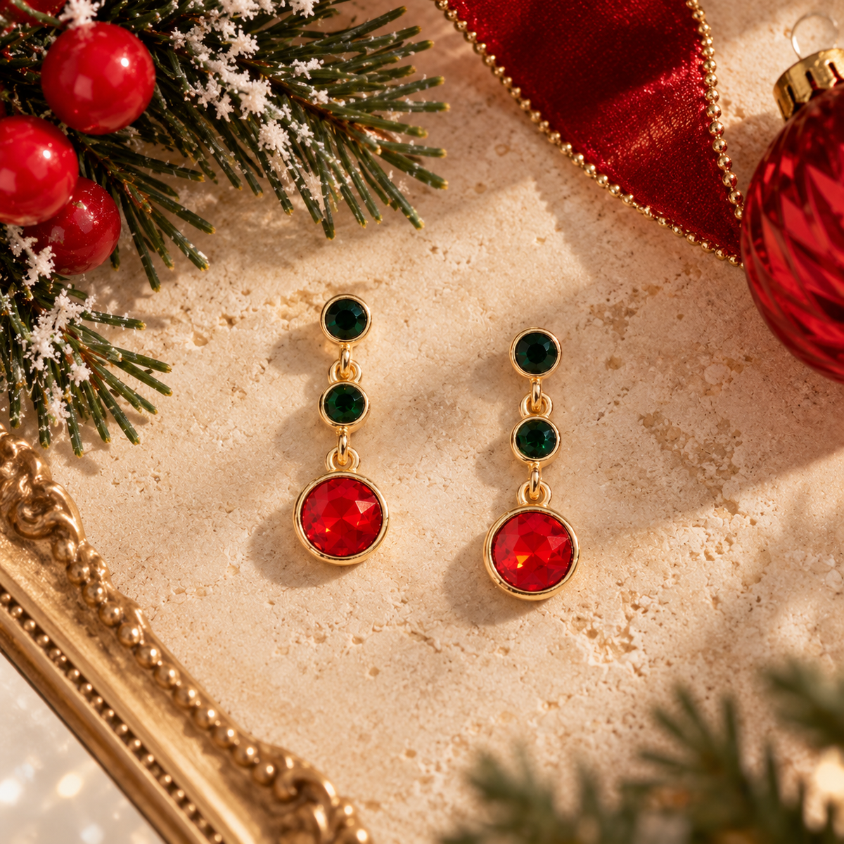 Christmas Round Rhinestone 3 Drop Earrings