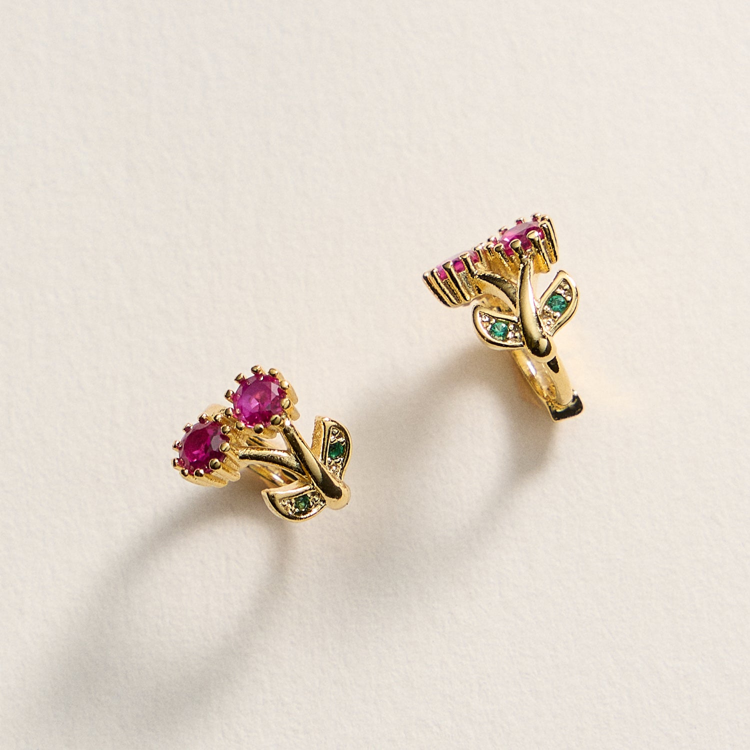 Gold-Dipped Ruby & Emerald Flower Stud Earrings – Made in Korea
