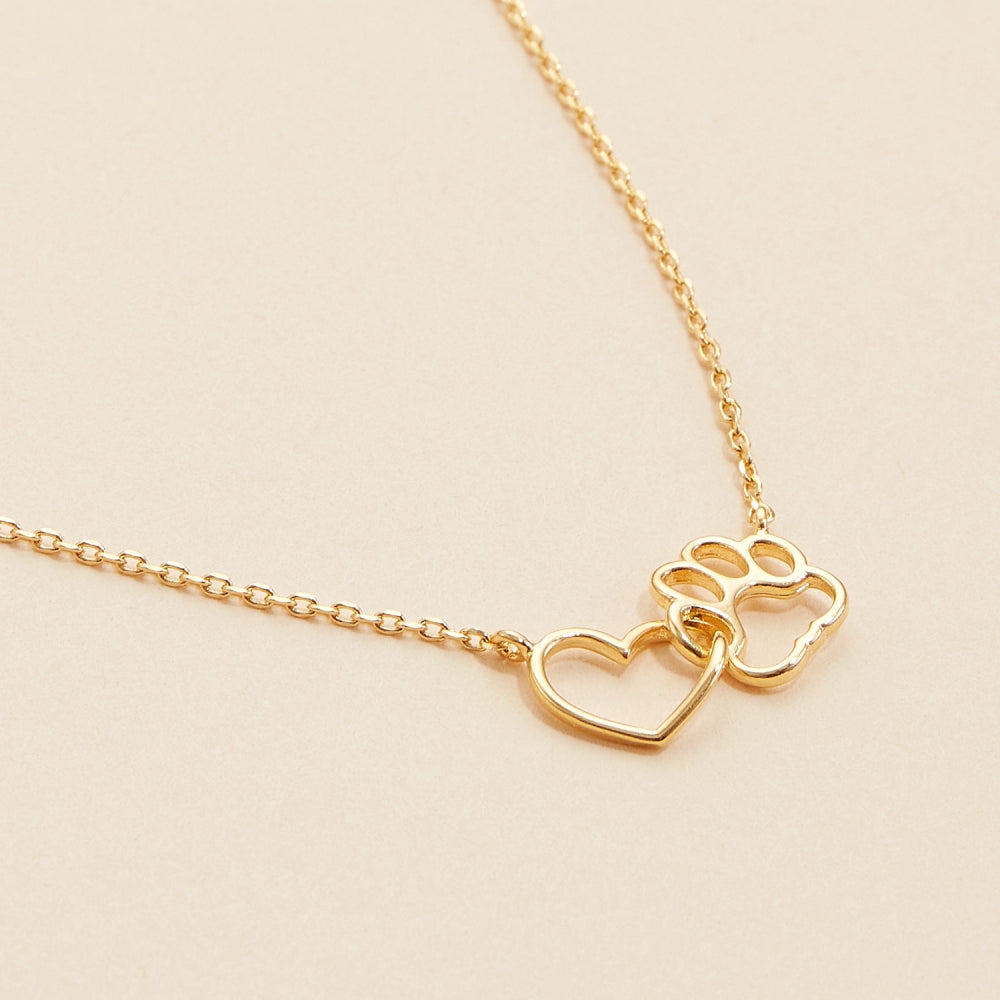 14K Gold-Dipped Short Necklace with Heart & Paw Charm