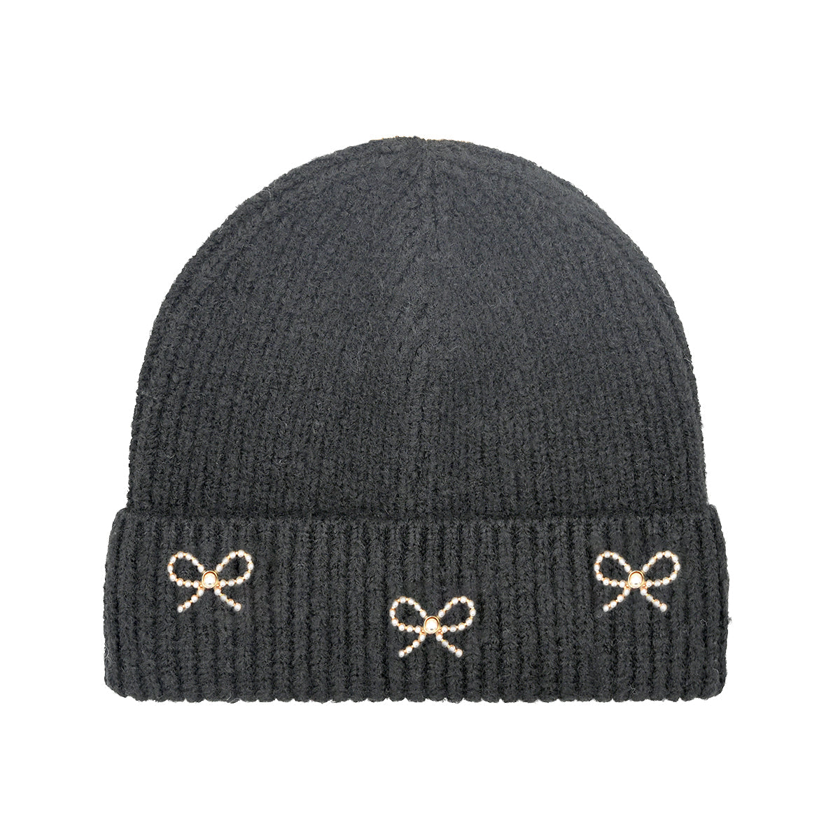 Ribbed Hat with Pearl and Bow Charm Accents - Frem