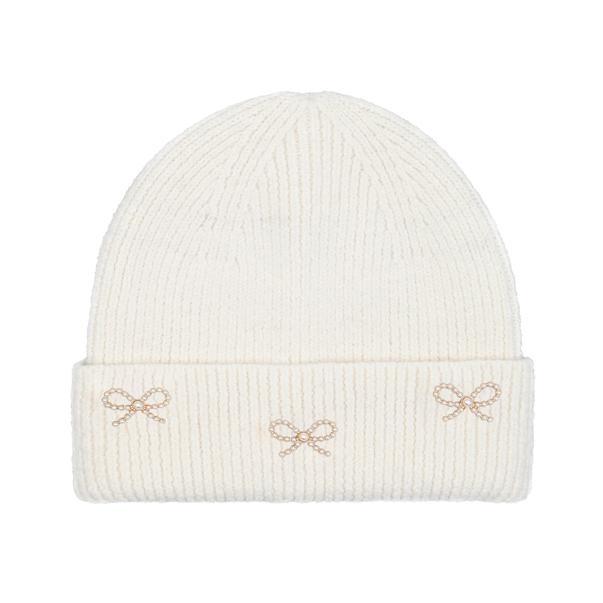 Ribbed Hat with Pearl and Bow Charm Accents - Frem