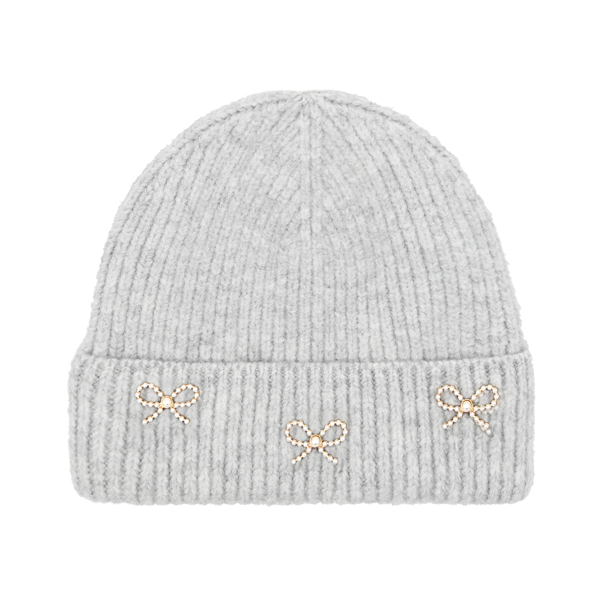 Ribbed Hat with Pearl and Bow Charm Accents - Frem