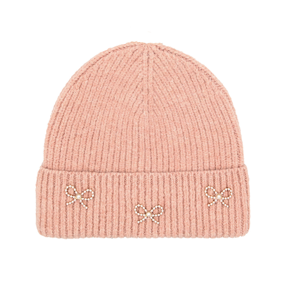 Ribbed Hat with Pearl and Bow Charm Accents - Frem