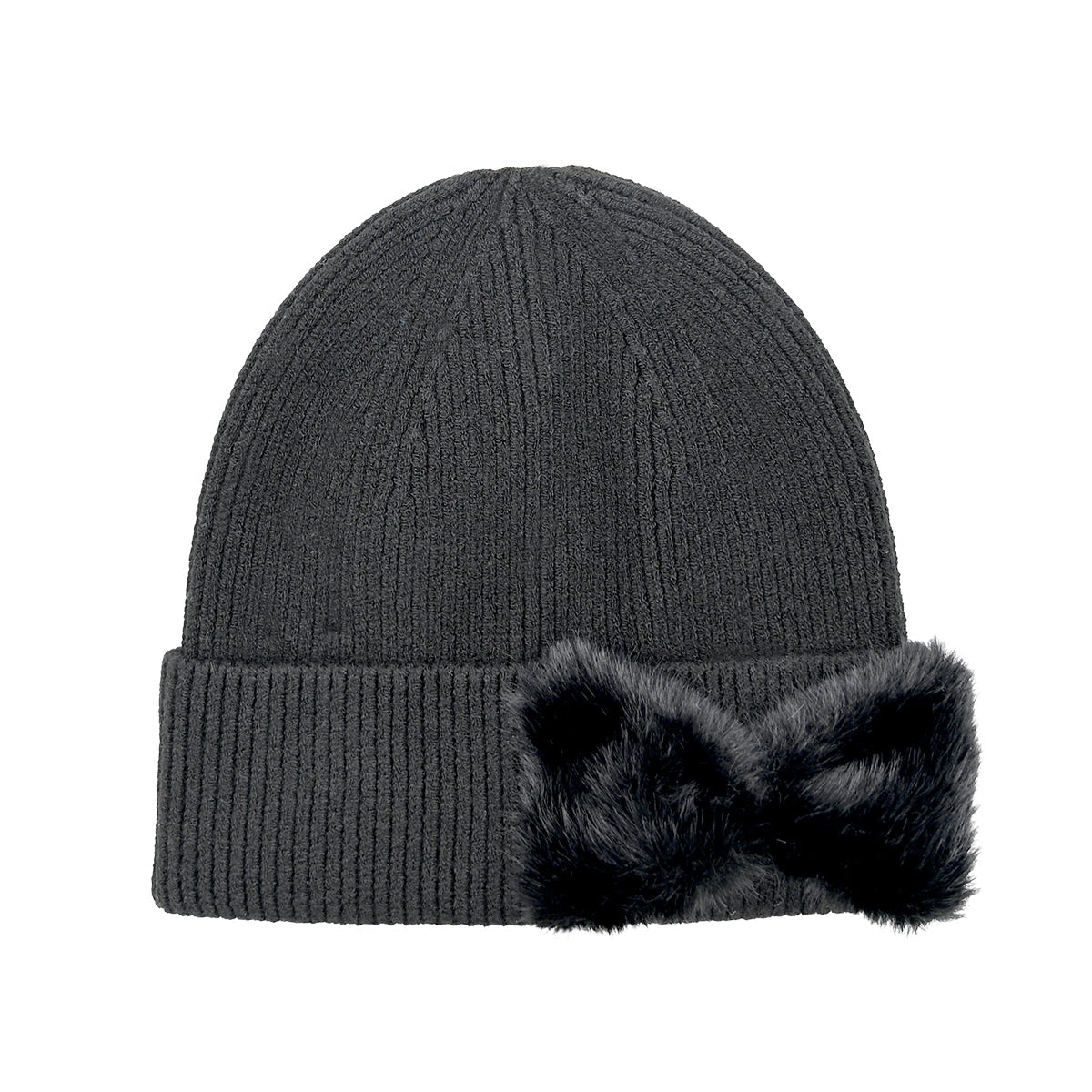 Faux Fur Bow Knit Beanie | Cozy Cuffed Winter Hat