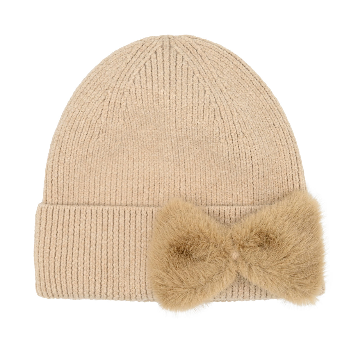 Faux Fur Bow Knit Beanie | Cozy Cuffed Winter Hat