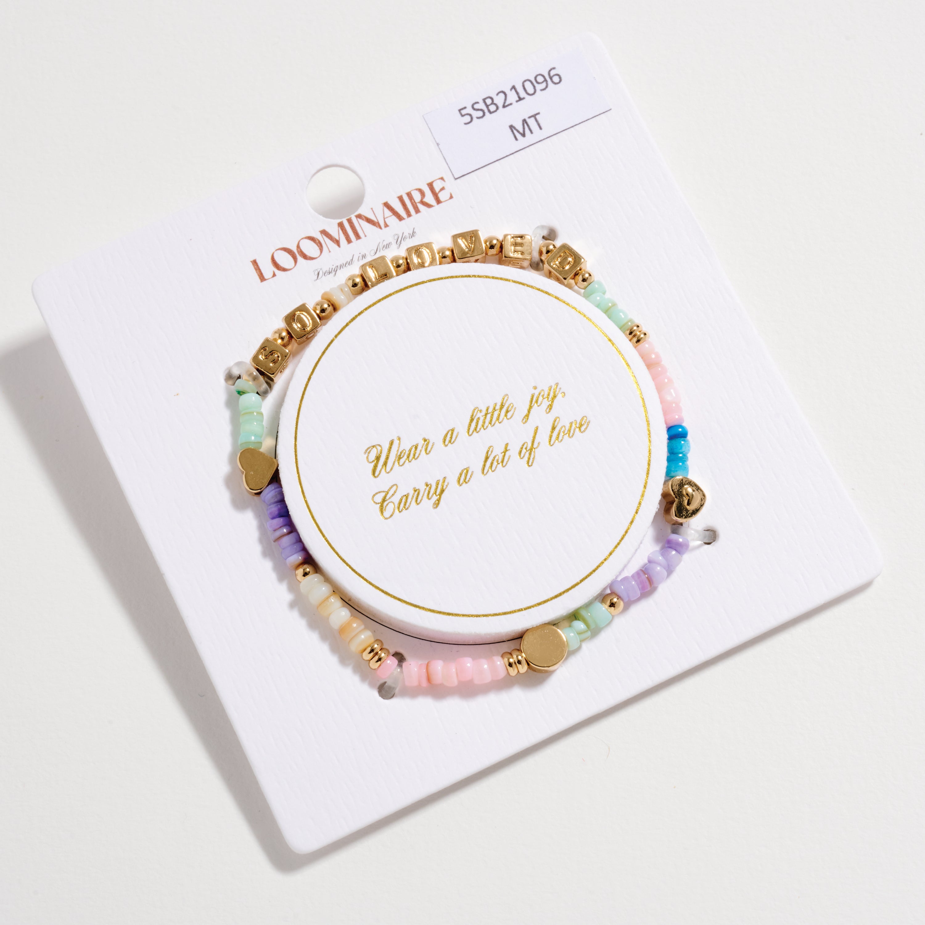 Pastel Beaded Stretch Bracelet with Gold “SO LOVED” Letter Beads and Heart Accents