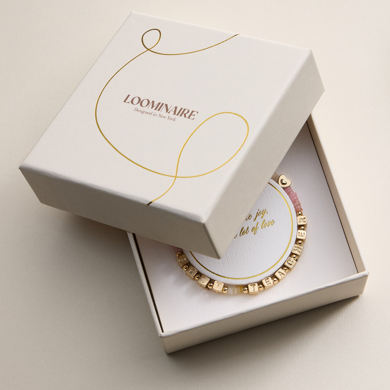 Beaded “Best Teacher” Bracelet with Gold Letter Cubes & Heart Accents – Appreciation Stretch Bracelet