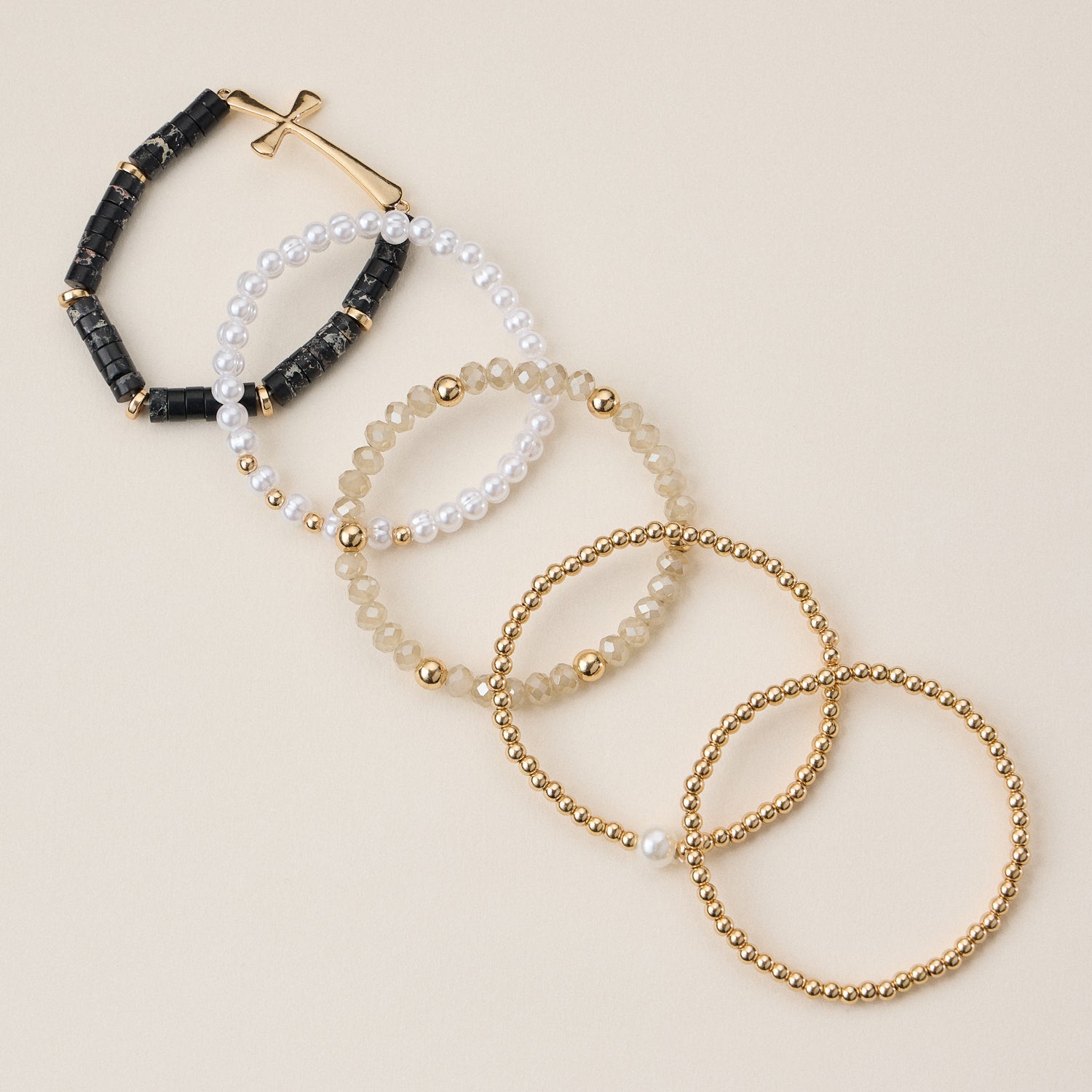 Faith & Cross & Pearl Stretch Bracelet Stack Set