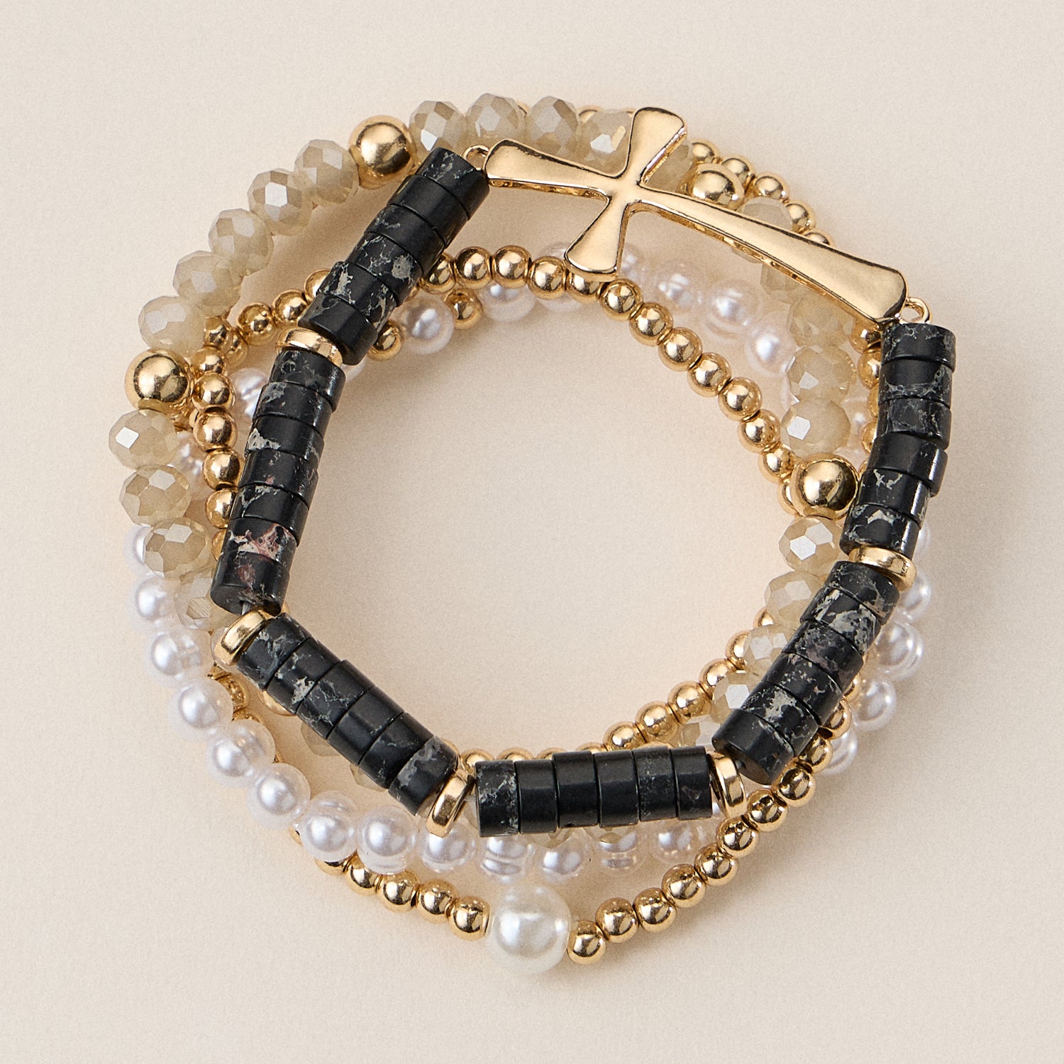 Faith & Cross & Pearl Stretch Bracelet Stack Set