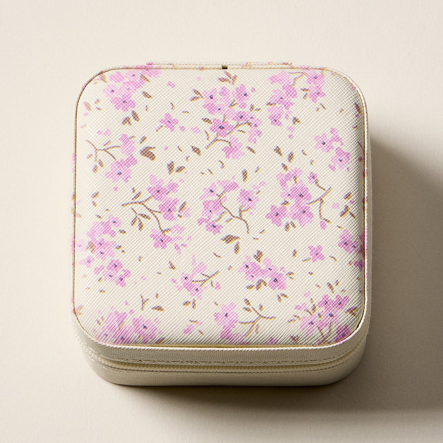 Floral Travel Jewelry Box with Mirror – Compact Zippered Jewelry Organizer in Cream & Pink - Frem