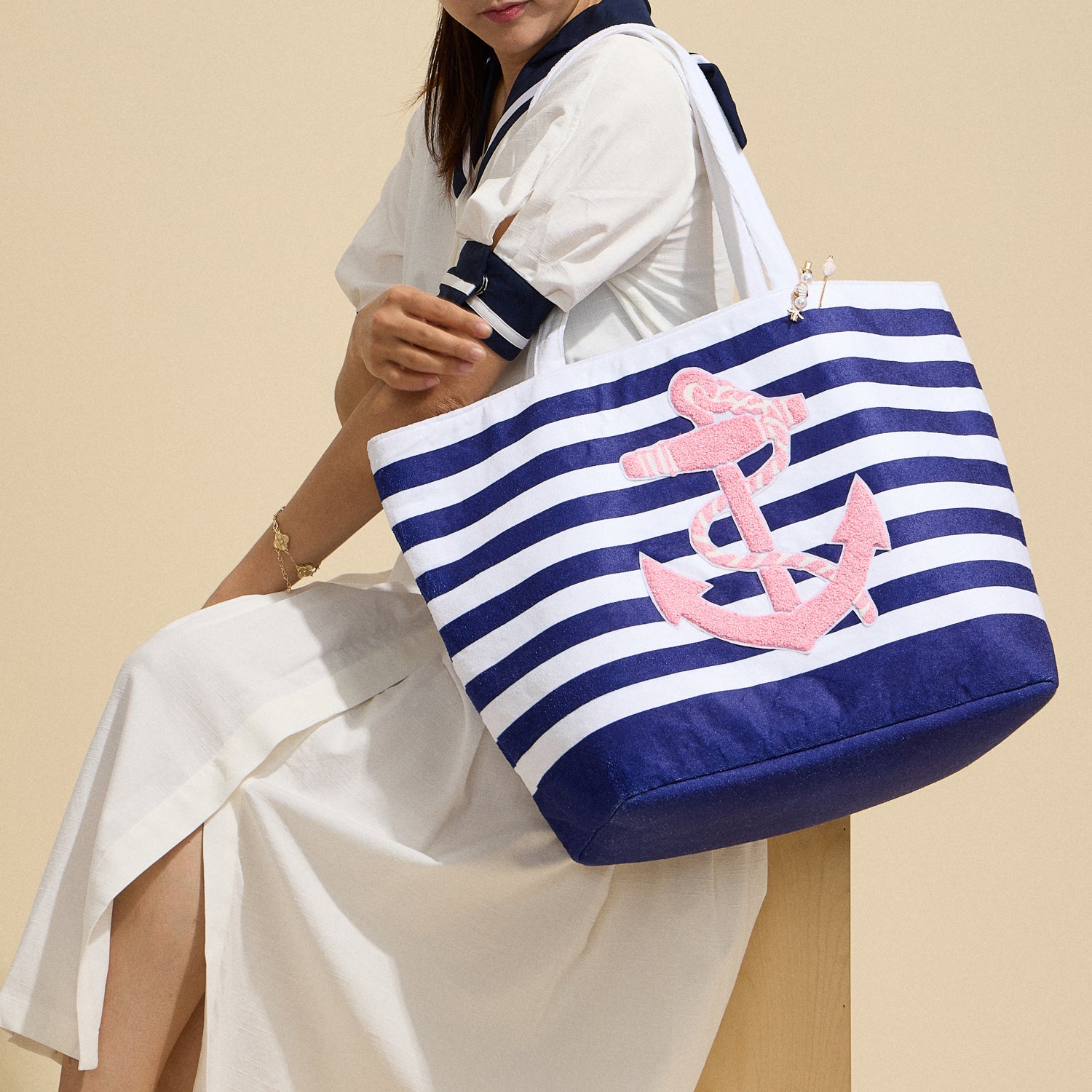 Large Beach Tote with Terry Stripe Print and Anchor Patch