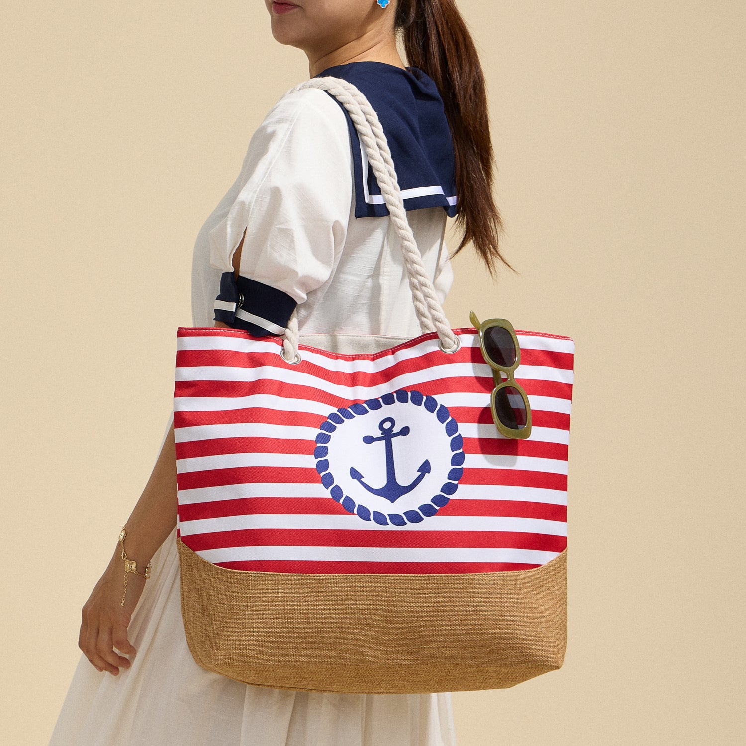 Coastal Chic Nautical Anchor & Stripe Beach Tote