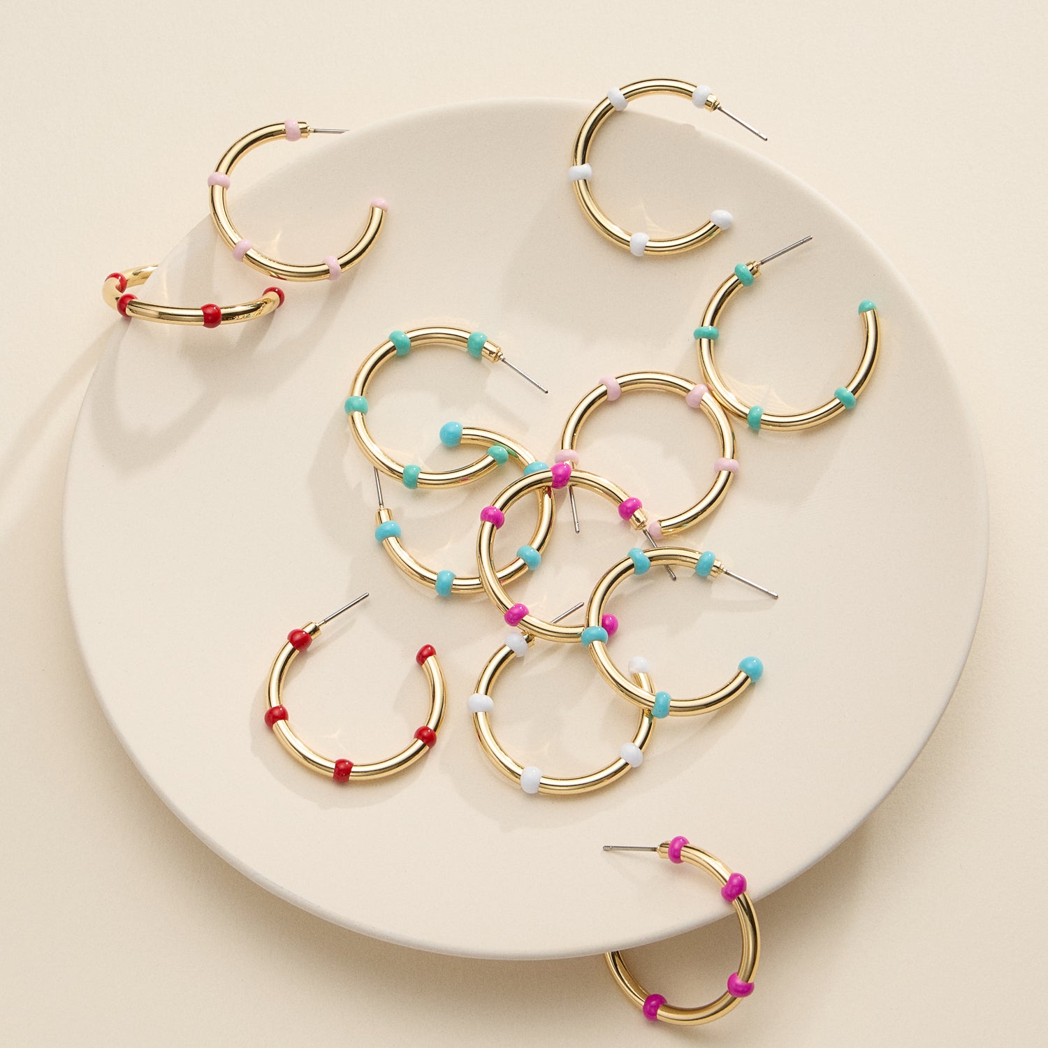 Gold Beaded Hoop Earrings – Colorful Enamel Accents, Trendy Minimalist Jewelry