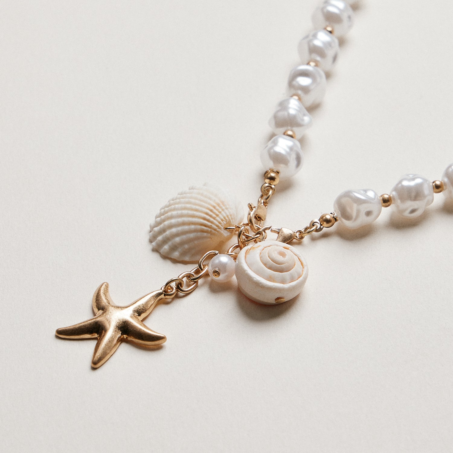 Gold Starfish & Seashell Pendant | Coastal Charm Pearl Necklace