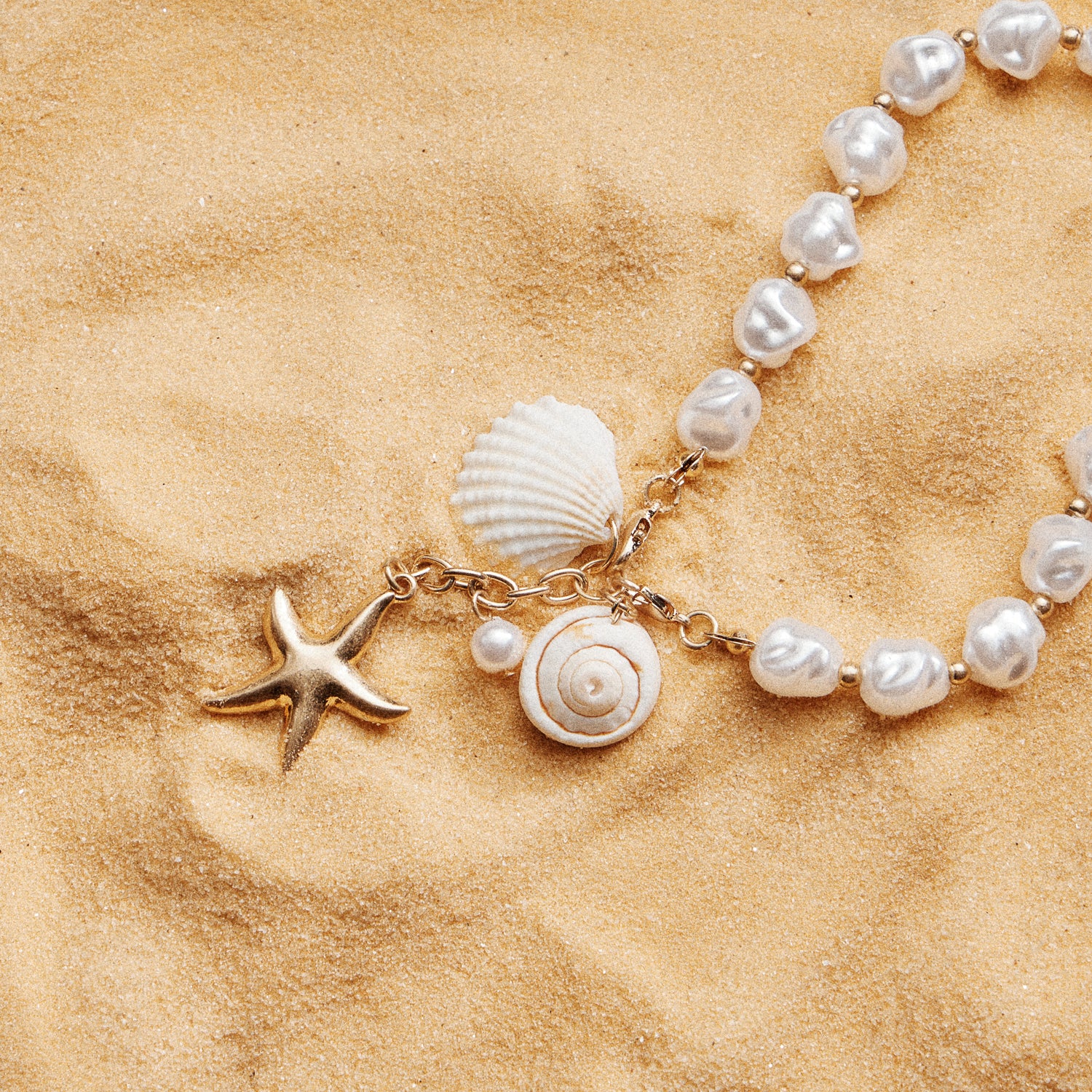 Gold Starfish & Seashell Pendant | Coastal Charm Pearl Necklace