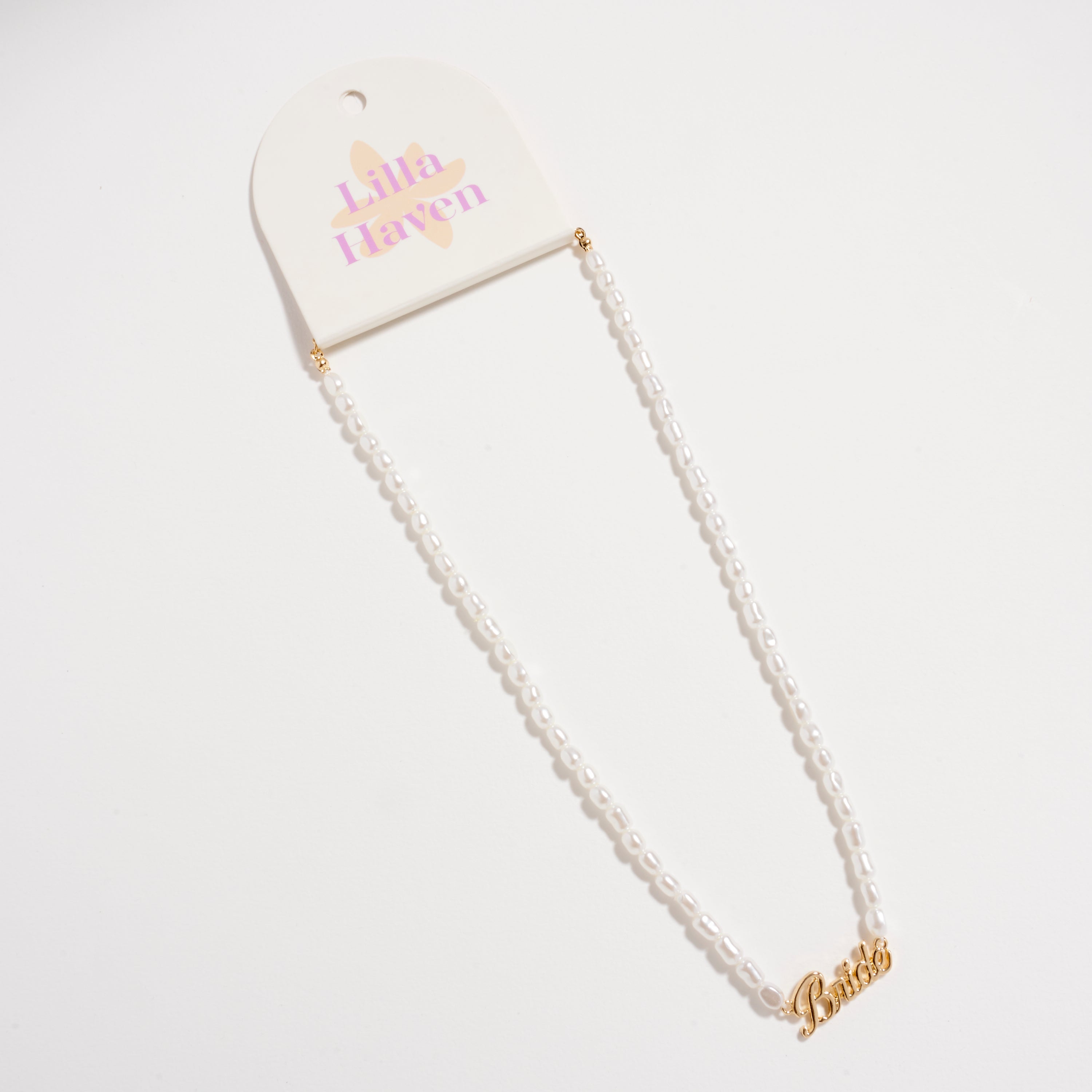 Bride Pearl Beaded Necklace with Script Pendant – Bridal Jewelry Gift