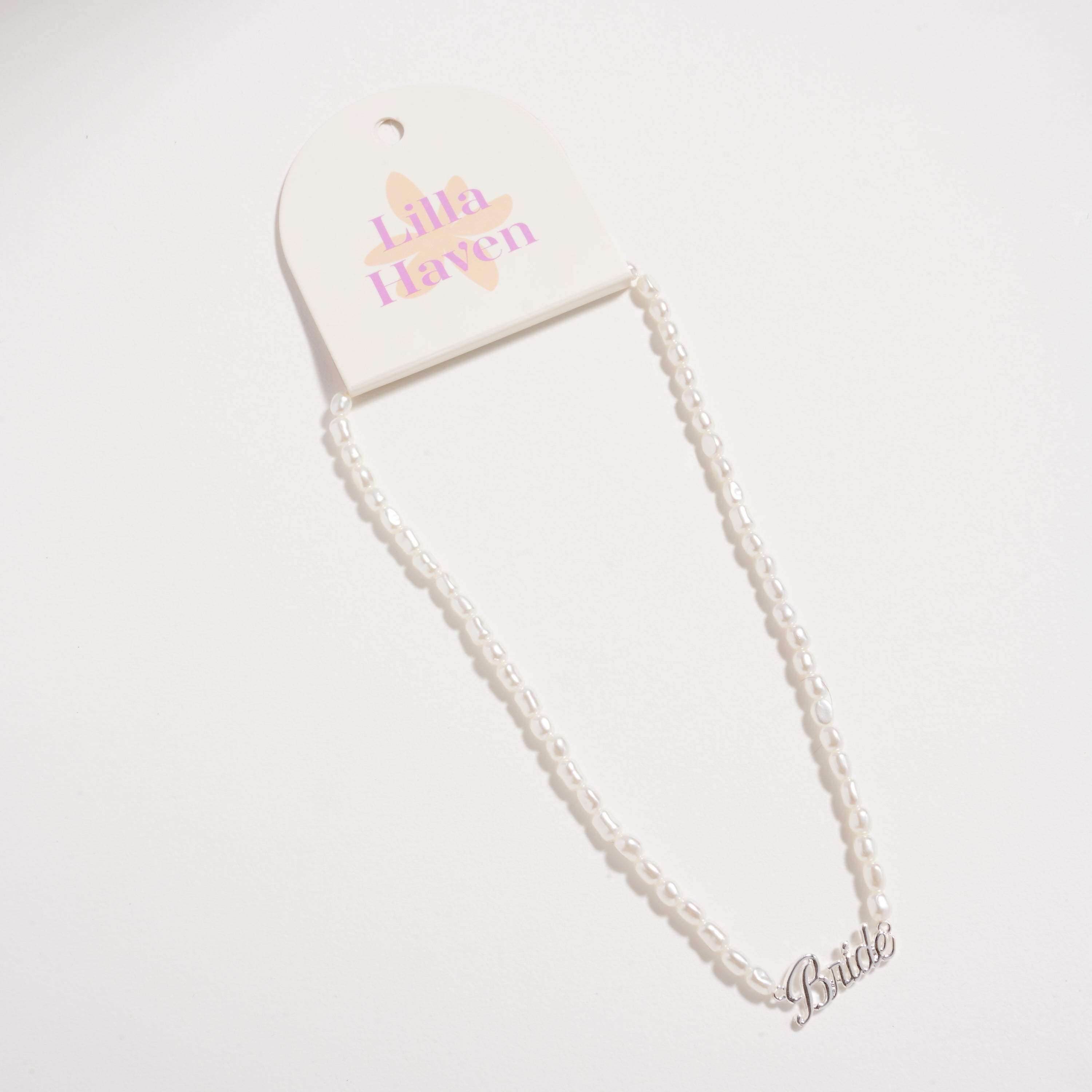 Bride Pearl Beaded Necklace with Script Pendant – Bridal Jewelry Gift