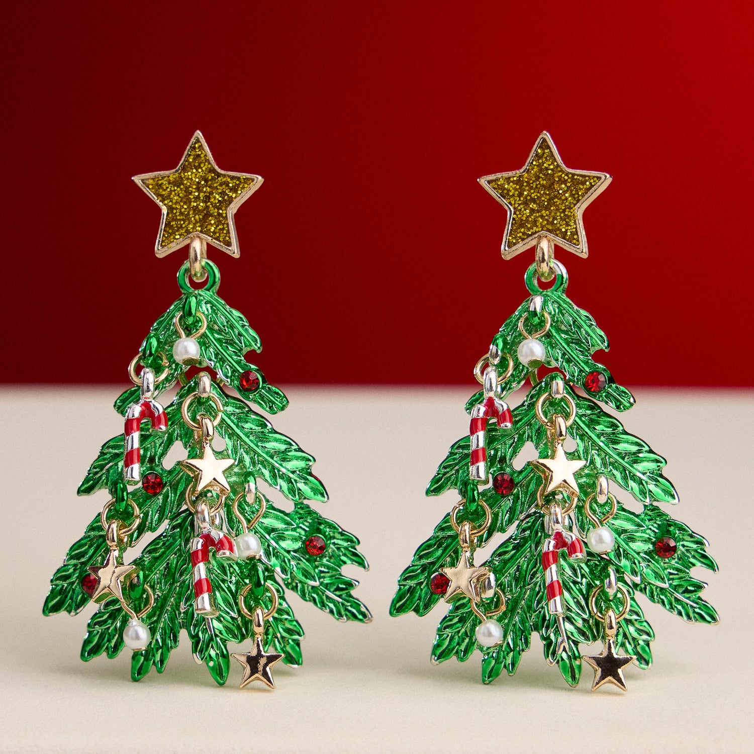 Holiday Christmas Tree Enamel Drop Earrings with Titanium Post