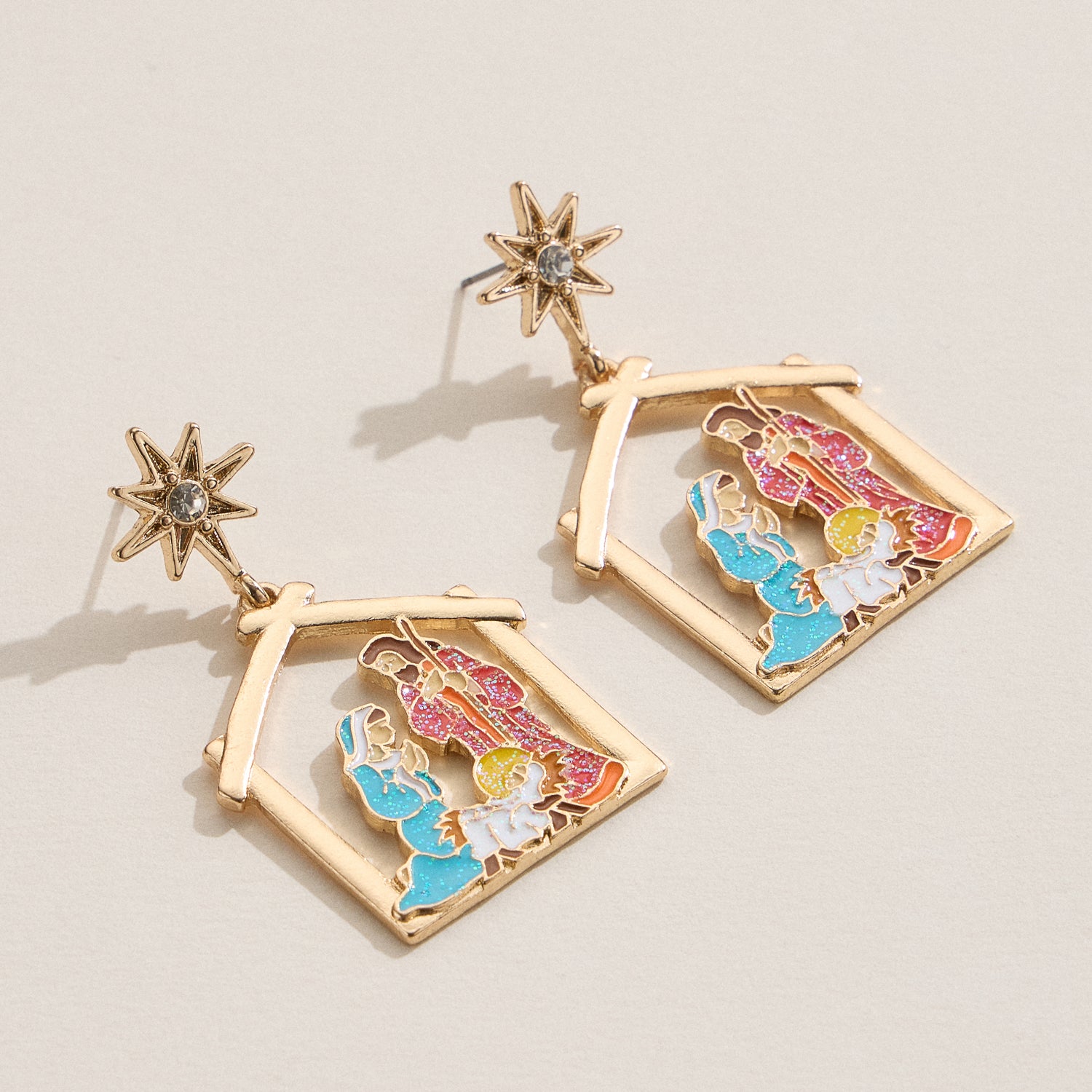 Delicate Nativity Scene Enamel Earrings with Hypoallergenic Titanium Posts