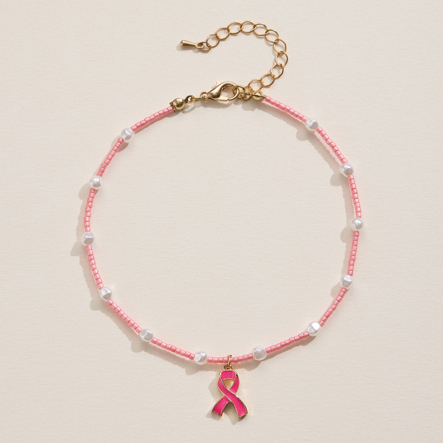 Glass Bead Anklet with Pink Ribbon Charm