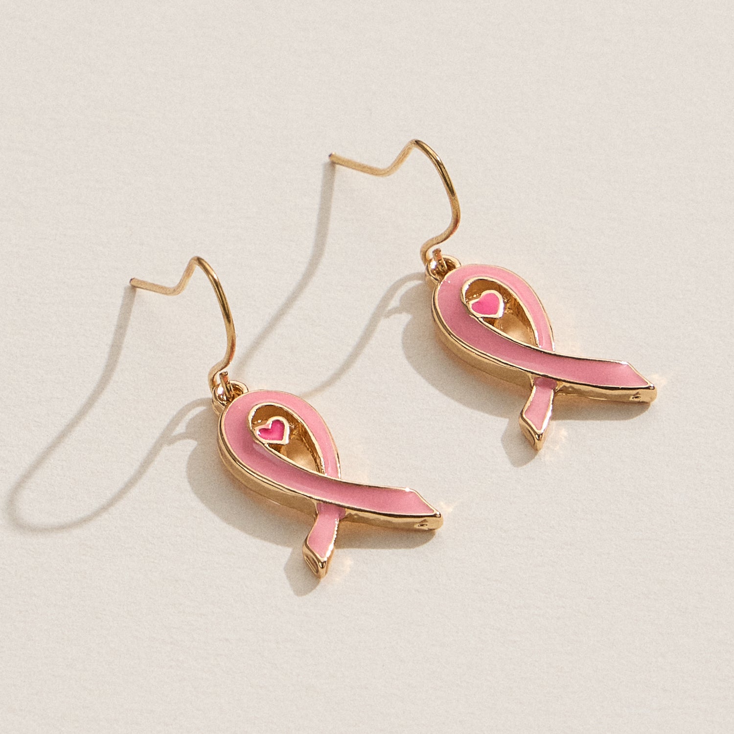 Pink Ribbon Heart Epoxy Earrings