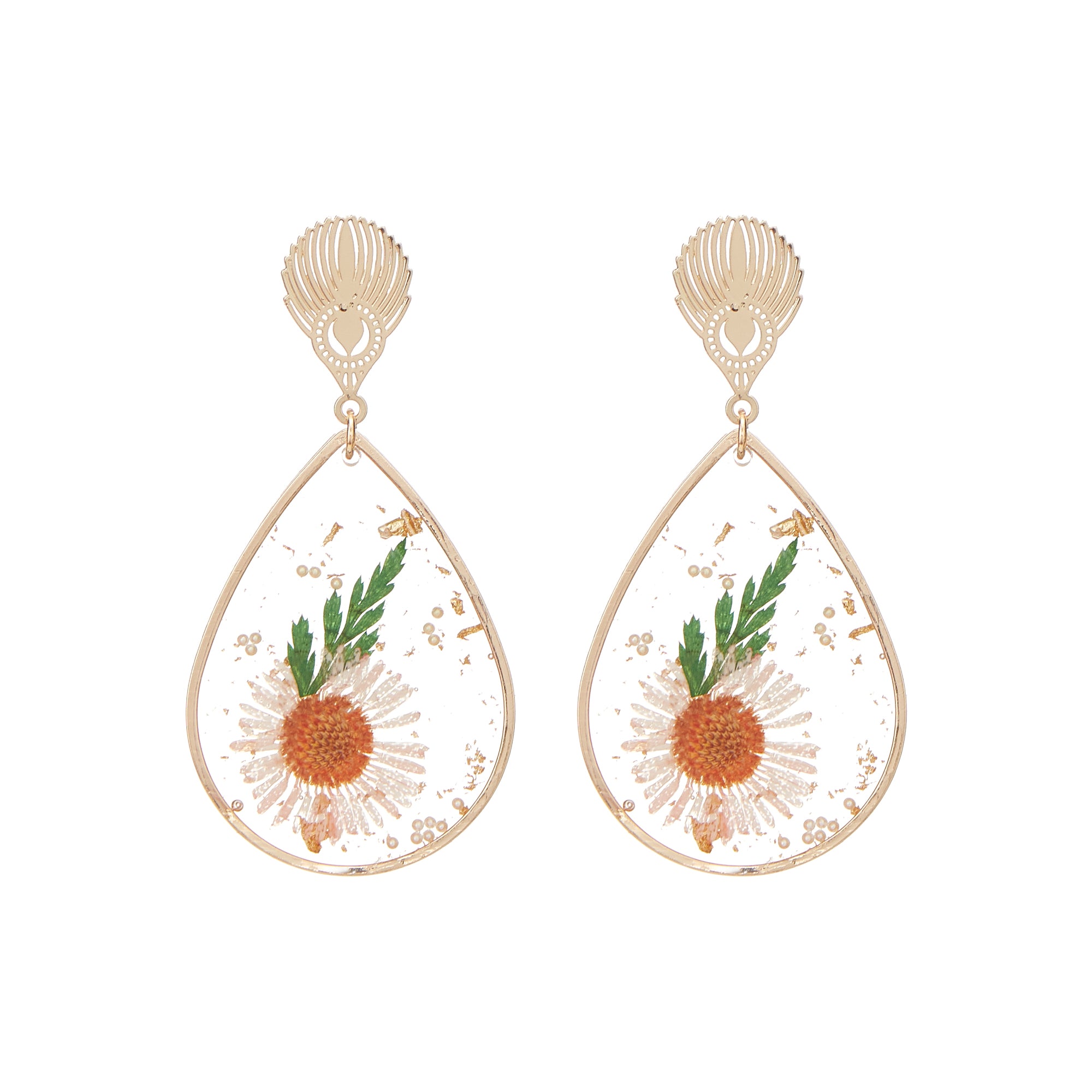 Filigree Pressed Flower Teardrop Earrings