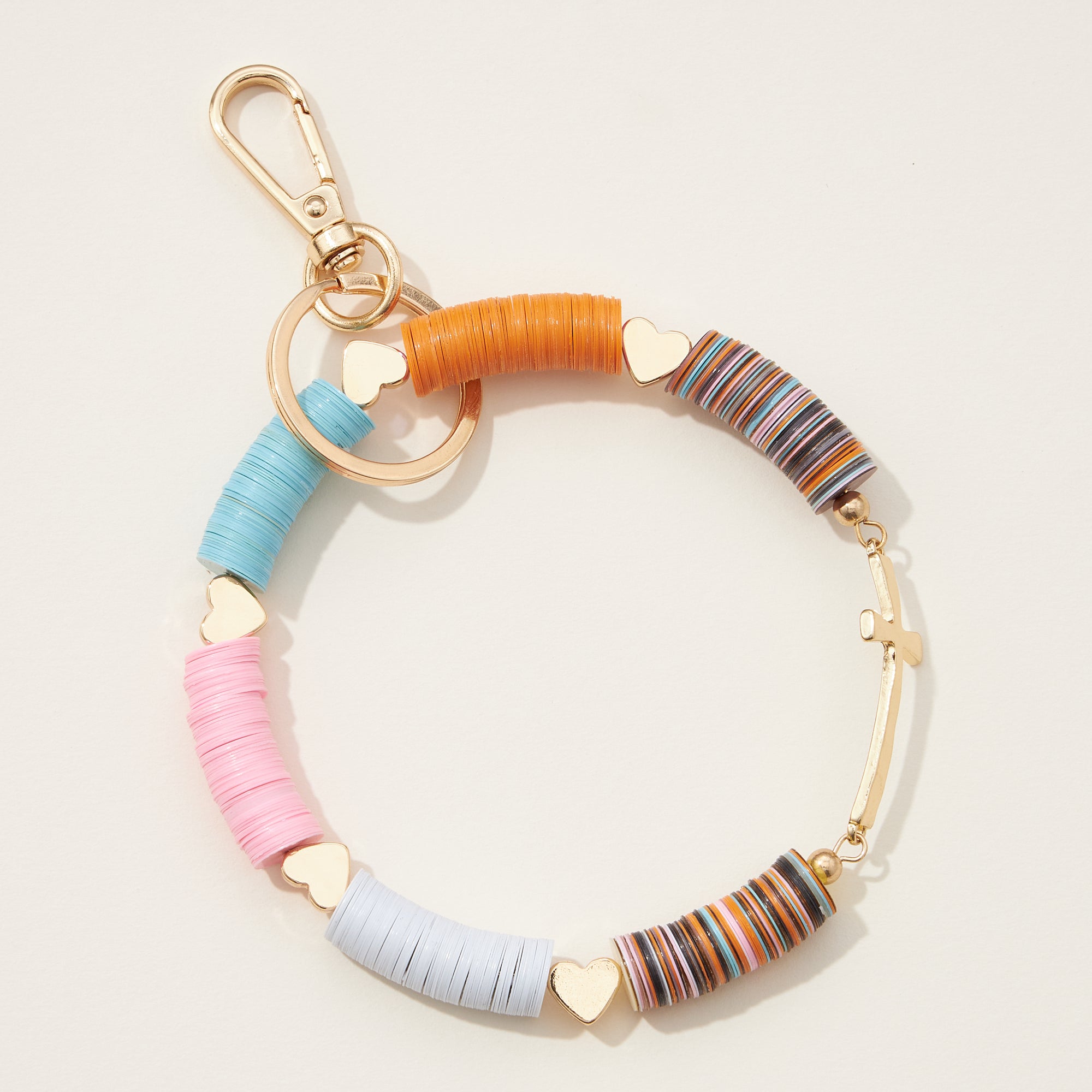 Heish Beaded Bracelet Keychain with a Cross