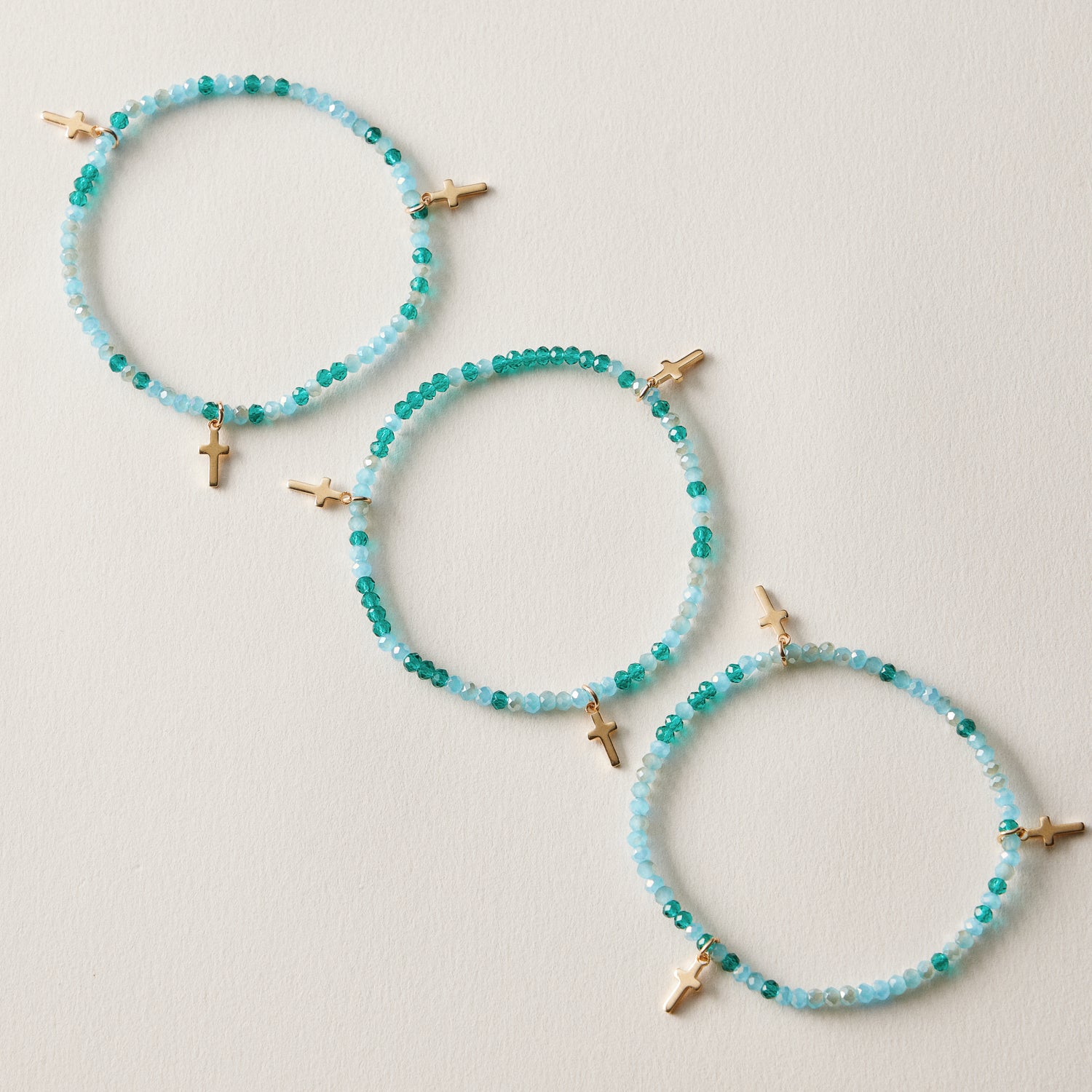 Gold Cross Charm Crystal Stretch Bracelet Stack Set