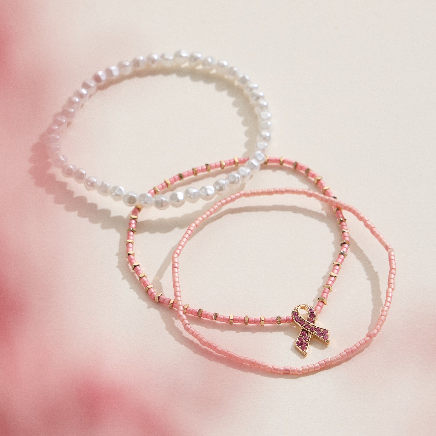 Triple Pink Ribbon Stretch Bracelet Set