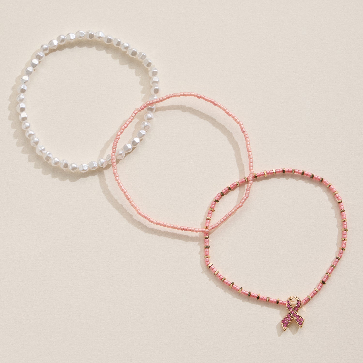 Triple Pink Ribbon Stretch Bracelet Set