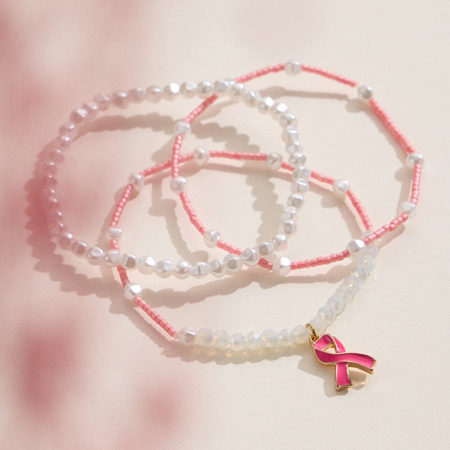 Pink Ribbon Beaded Bracelet Trio