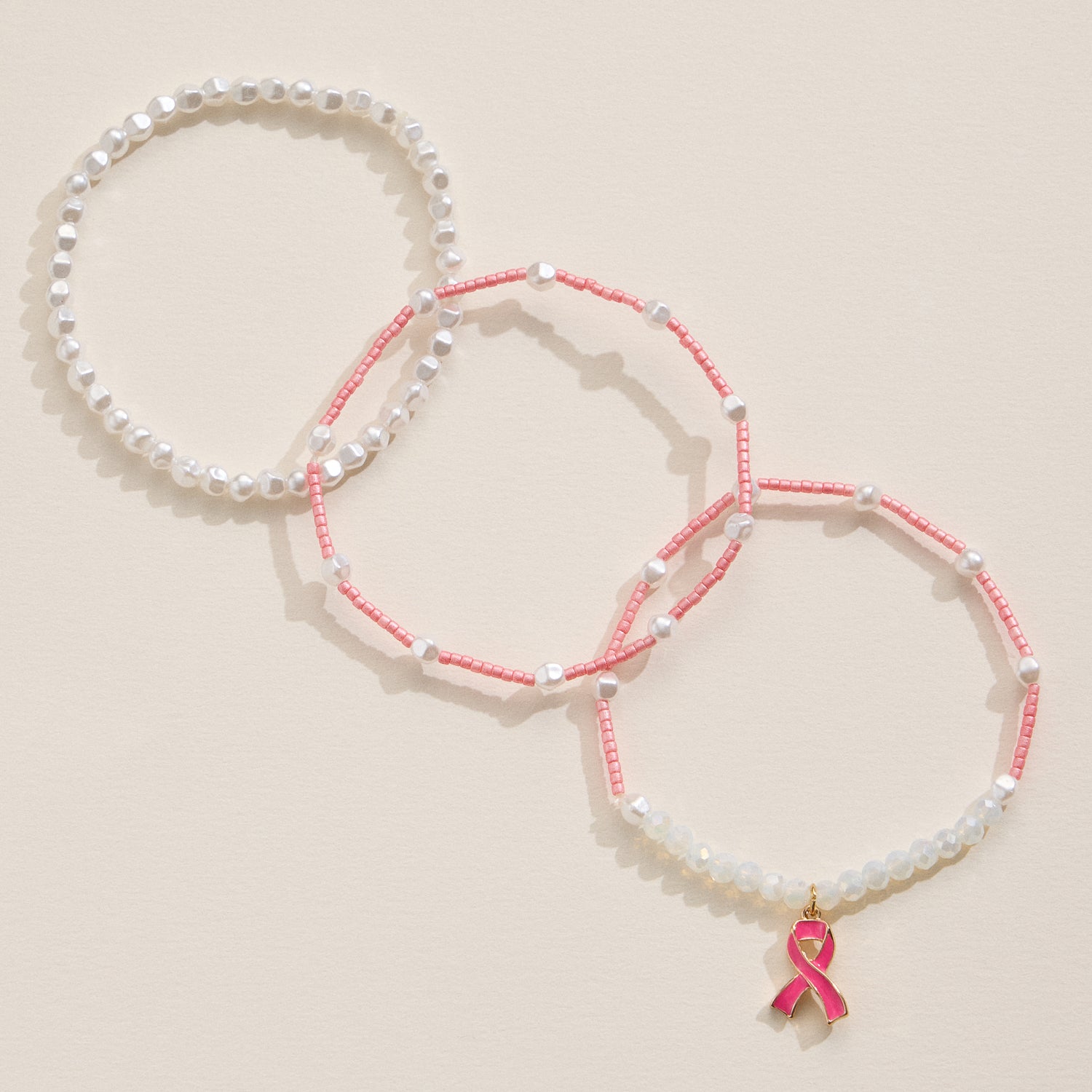 Pink Ribbon Beaded Bracelet Trio