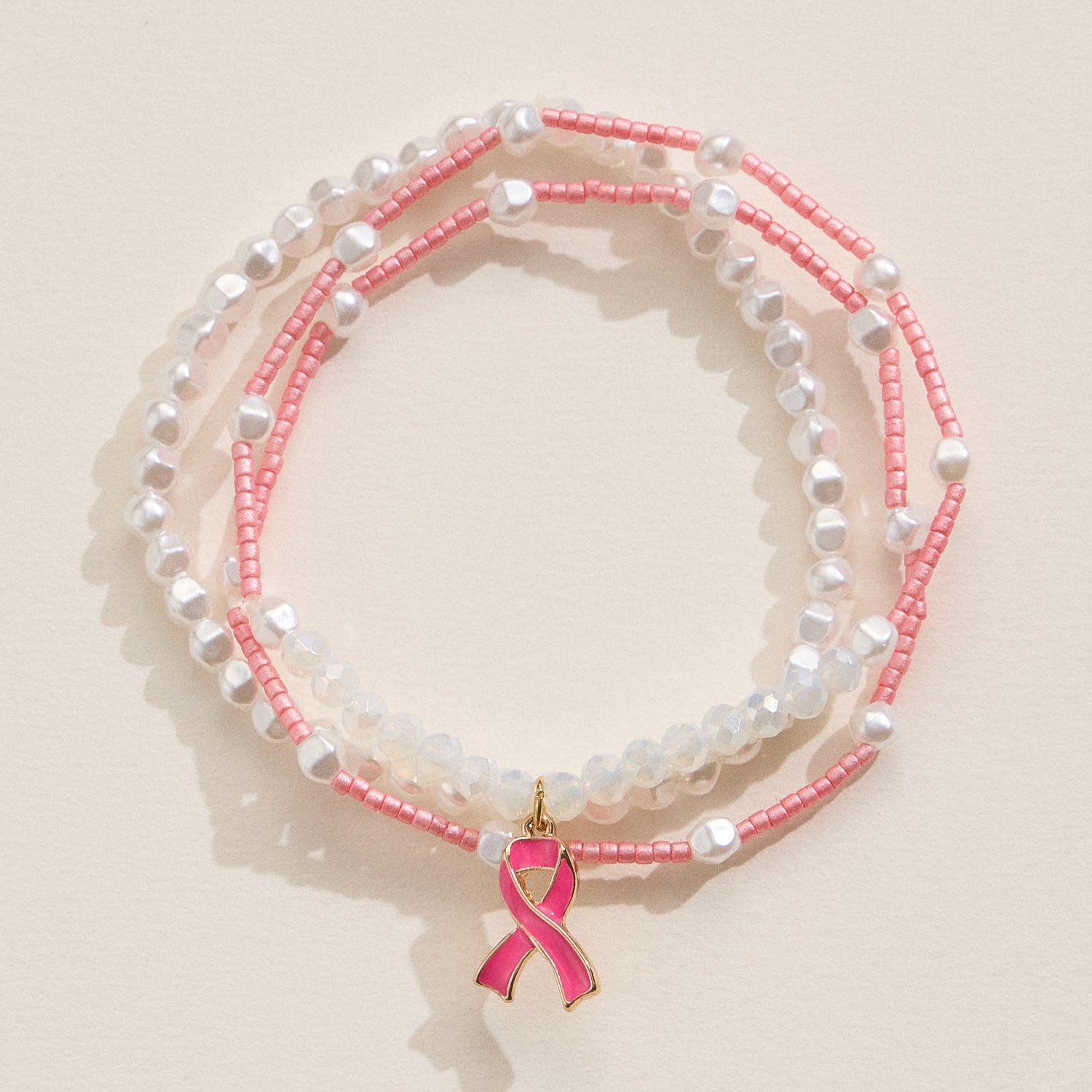 Pink Ribbon Beaded Bracelet Trio