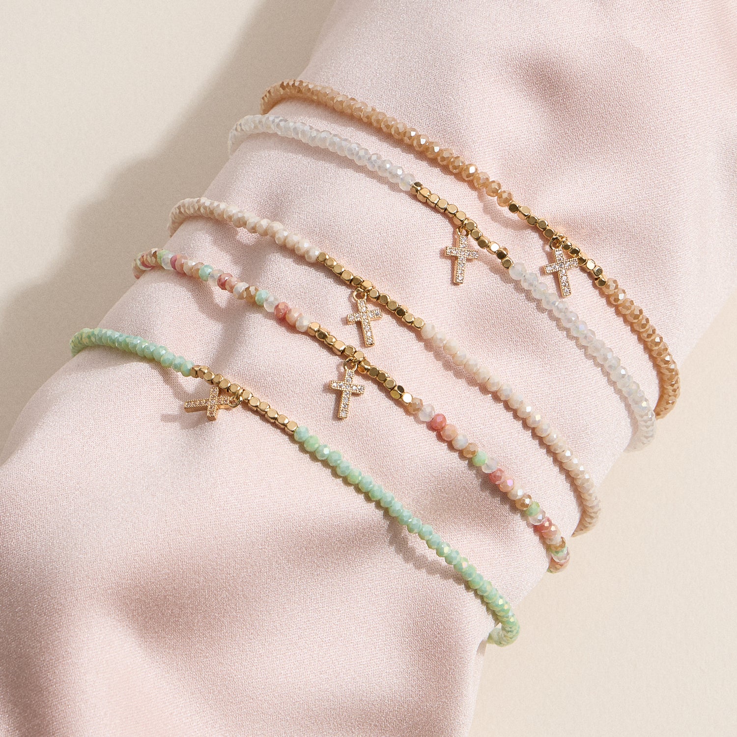 Gold Cross Charm Faceted Bead Anklet