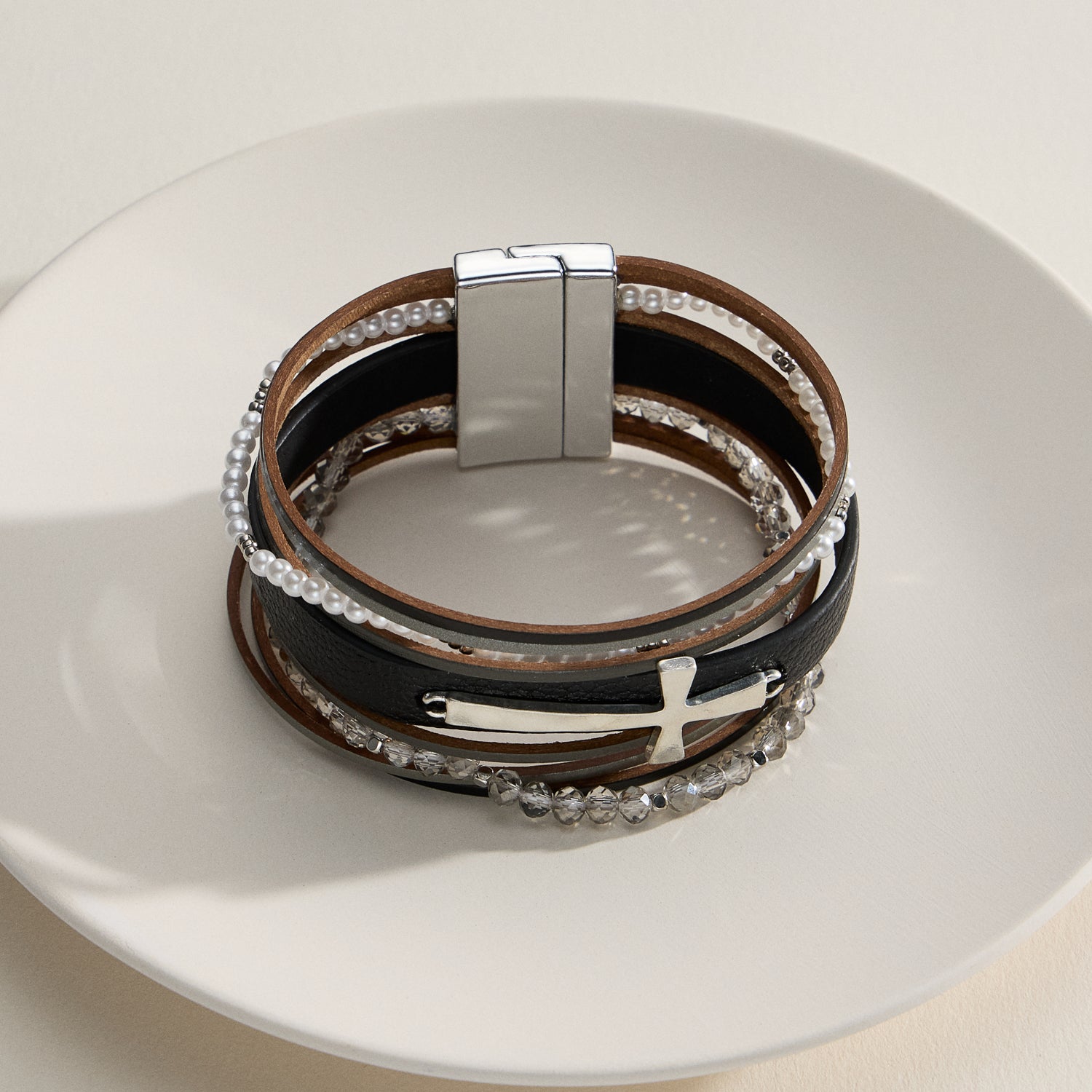 Natural Stone Wrap Bracelet – Multi-Strand Cross Cuff Design