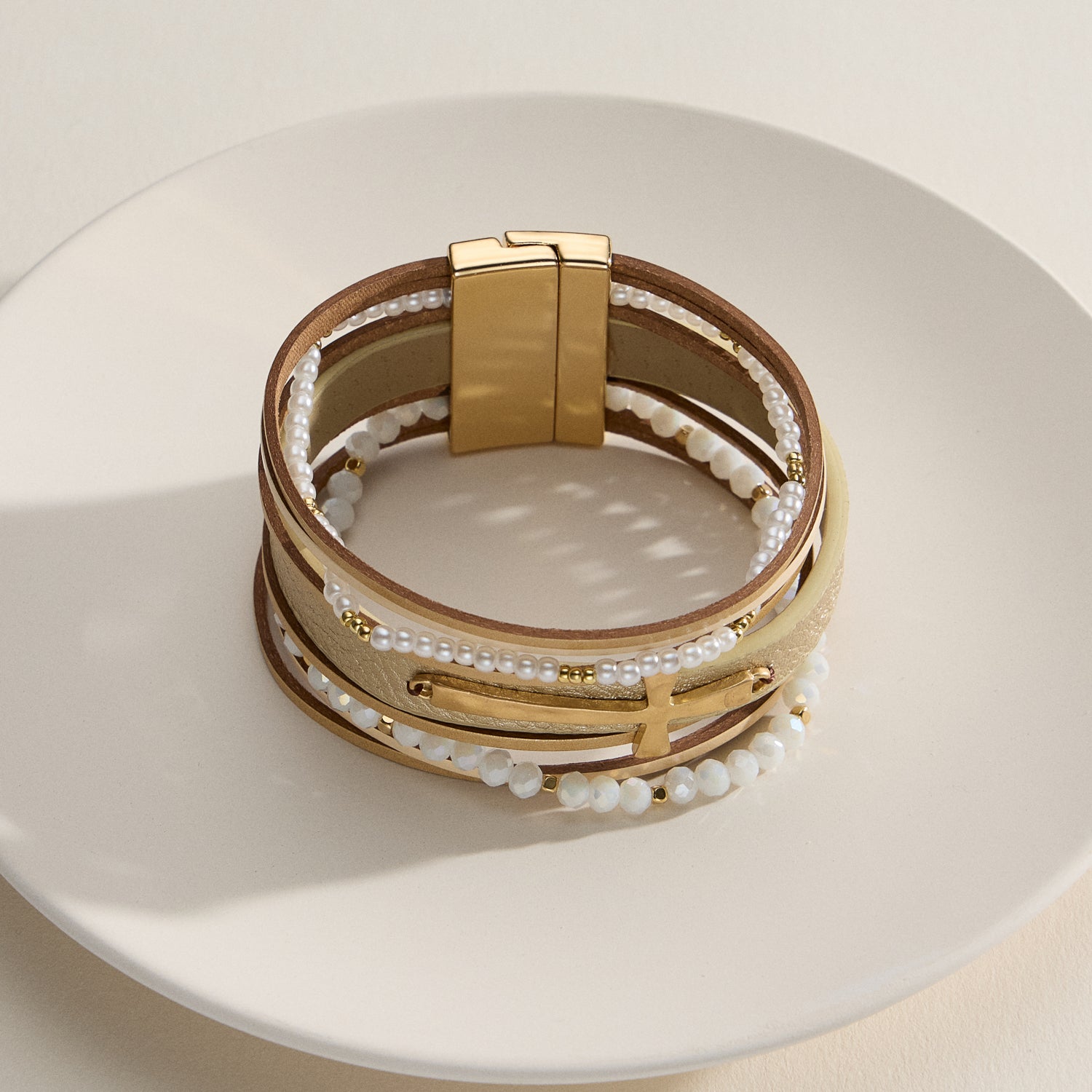 Natural Stone Wrap Bracelet – Multi-Strand Cross Cuff Design