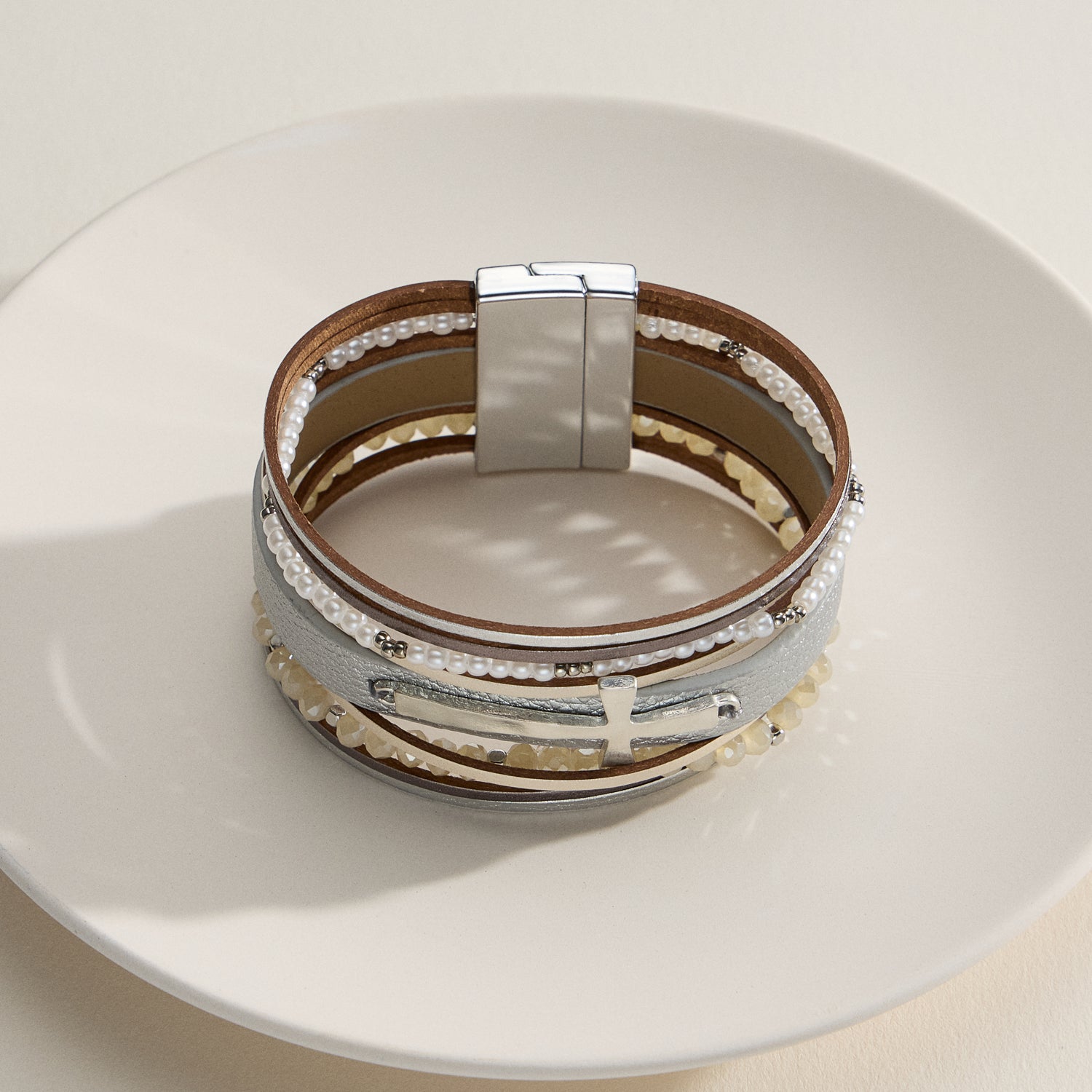 Natural Stone Wrap Bracelet – Multi-Strand Cross Cuff Design