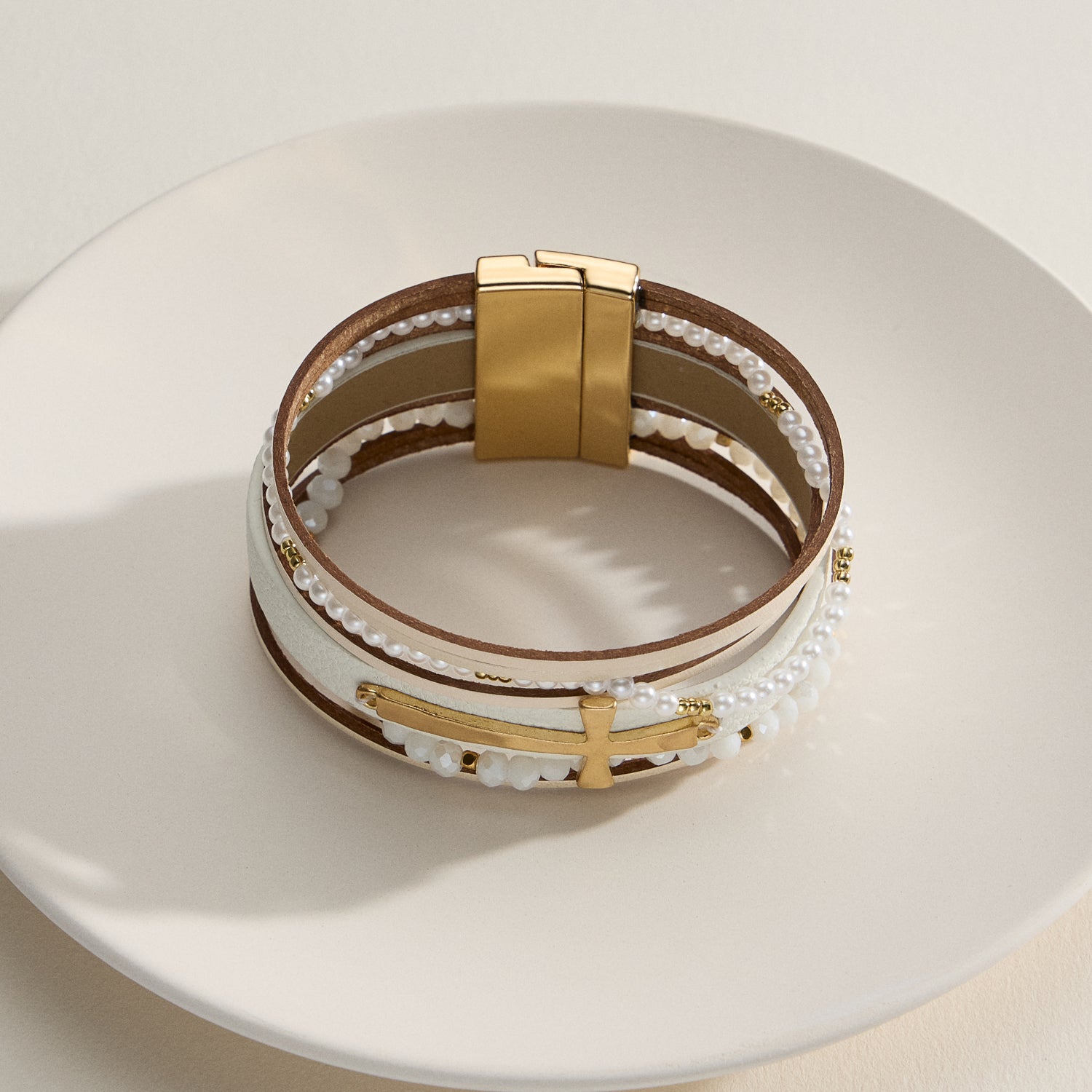 Natural Stone Wrap Bracelet – Multi-Strand Cross Cuff Design