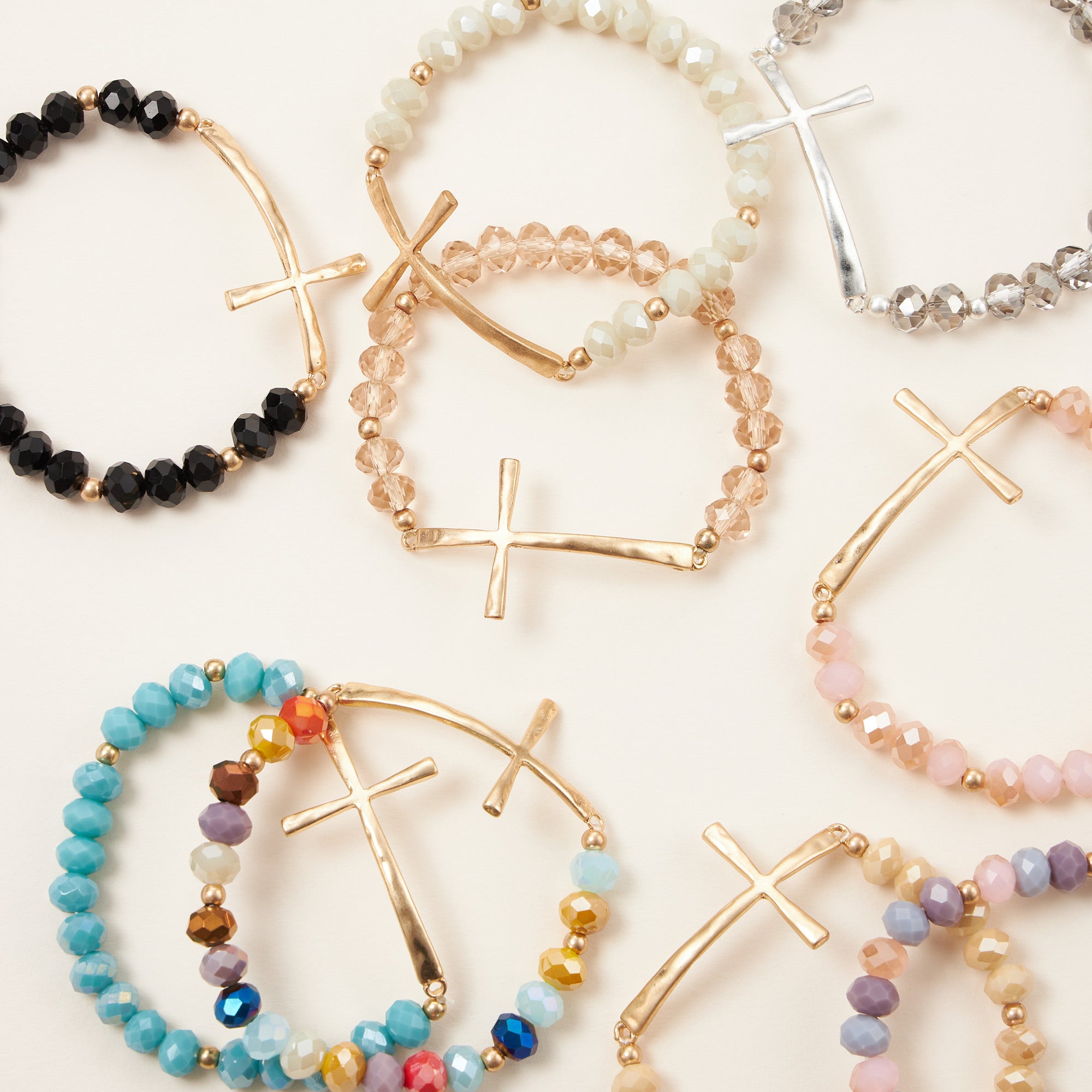 Beaded Cross Bracelet – Colorful Crystal Stretch Jewelry with Gold or Silver Cross Charm